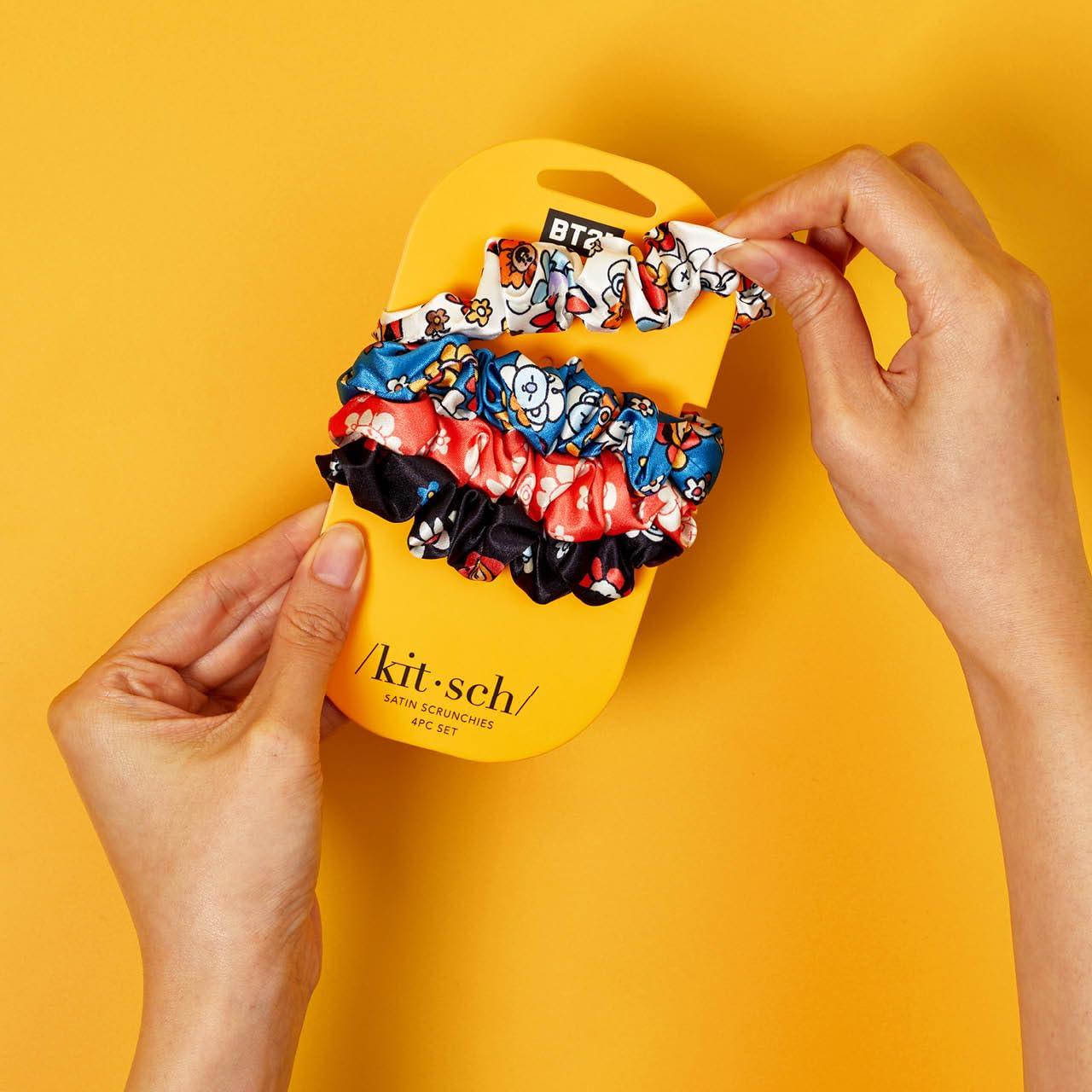 Kitsch Kitsch x BT21 Satin Scrunchies for Women - No Crease Hair Ties for Girls | Scrunchies For All Hair Types and Textures, Perfect for Day or Night - 4 Pcs