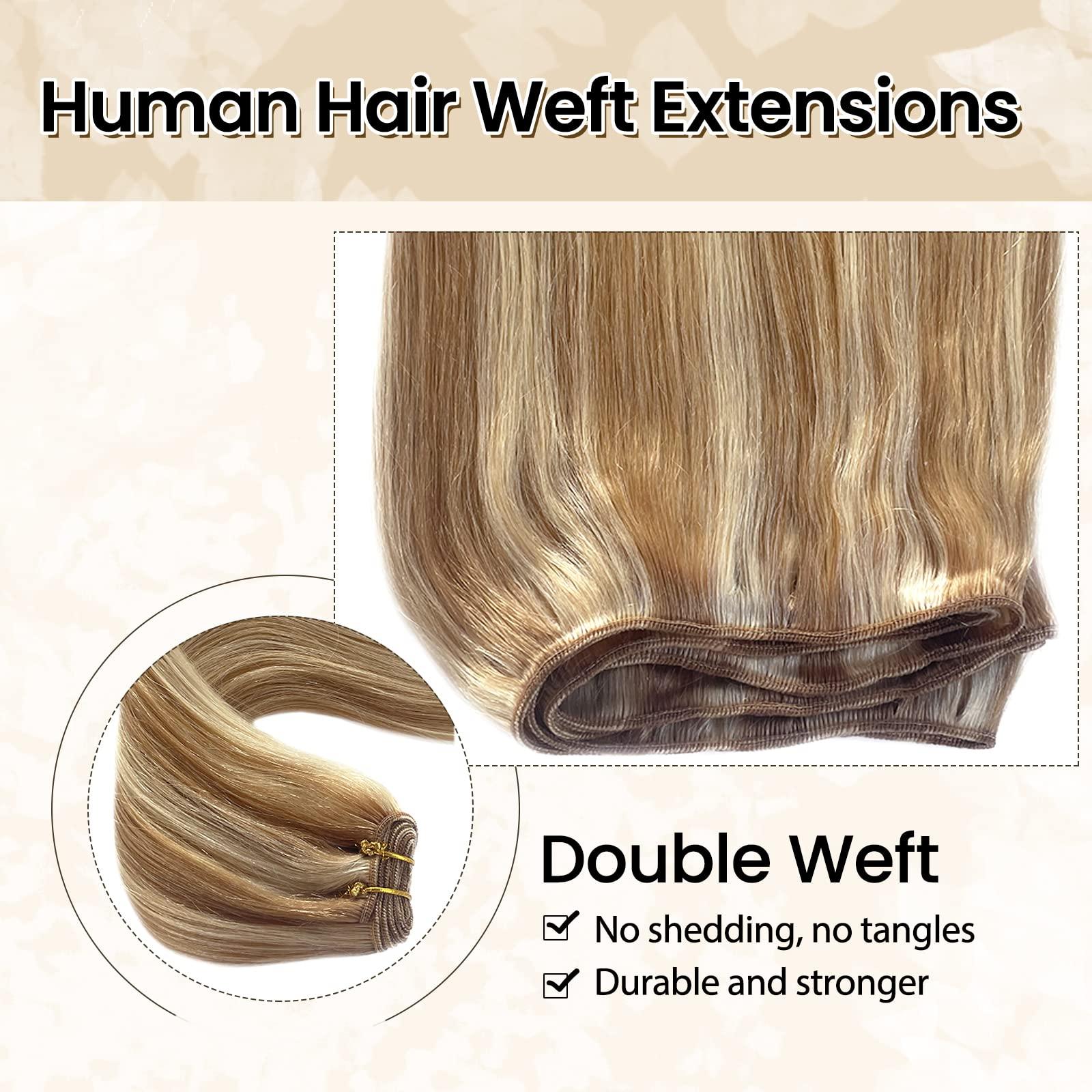 Benafee Hand Tied Weft Hair Extensions Human Hair Bundles Caramel Blonde to Bleach Blonde Sew in Hair Bundles Invisible Beaded Weft Extensions Human Hair Extensions Sew in Human Hair Weave Bundles 12” Thick