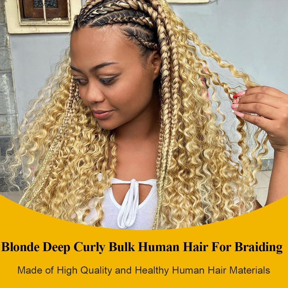 CVOHAIR LA CVOHAIR LA Braiding Hair Deep Curly Bulk Human Hair for Braiding 613 Blonde 100g 1 Bundle Human Hair for Boho Knotless Braids 100% Real Human No Weft Hair Extensions 16 Inch