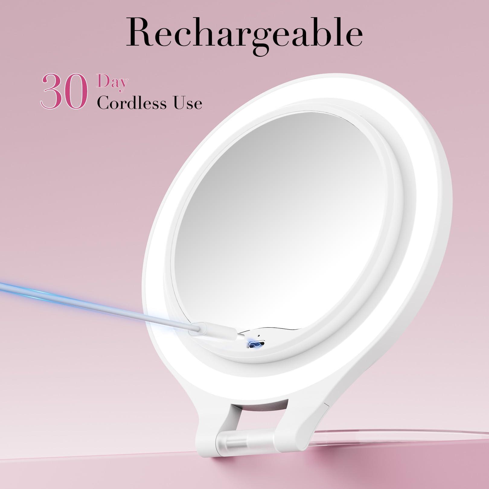 FASCINATE Magnifying Mirror with Light 10X/1X, Double Sided Travel Mirror with Light, Rechargeable Makeup Mirror with 3 Color Setting Adjustable Stand Lighted Mirror Vanity Portable Desk Cosmetic Mirror