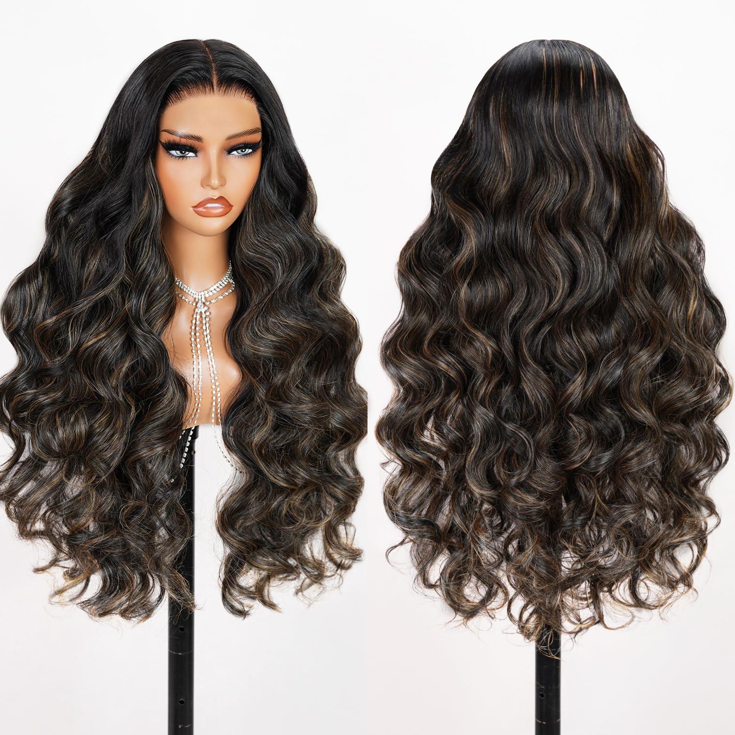 TESLAL TESLAL Balayage Wear and Go Glueless Wig Pre Cut HD Lace 6X6 Lace Wig 26 Inch 260% Density 1B/27 Highlight Body Wave Human Hair Blend Premium Fiber Wigs By Crafted Technology