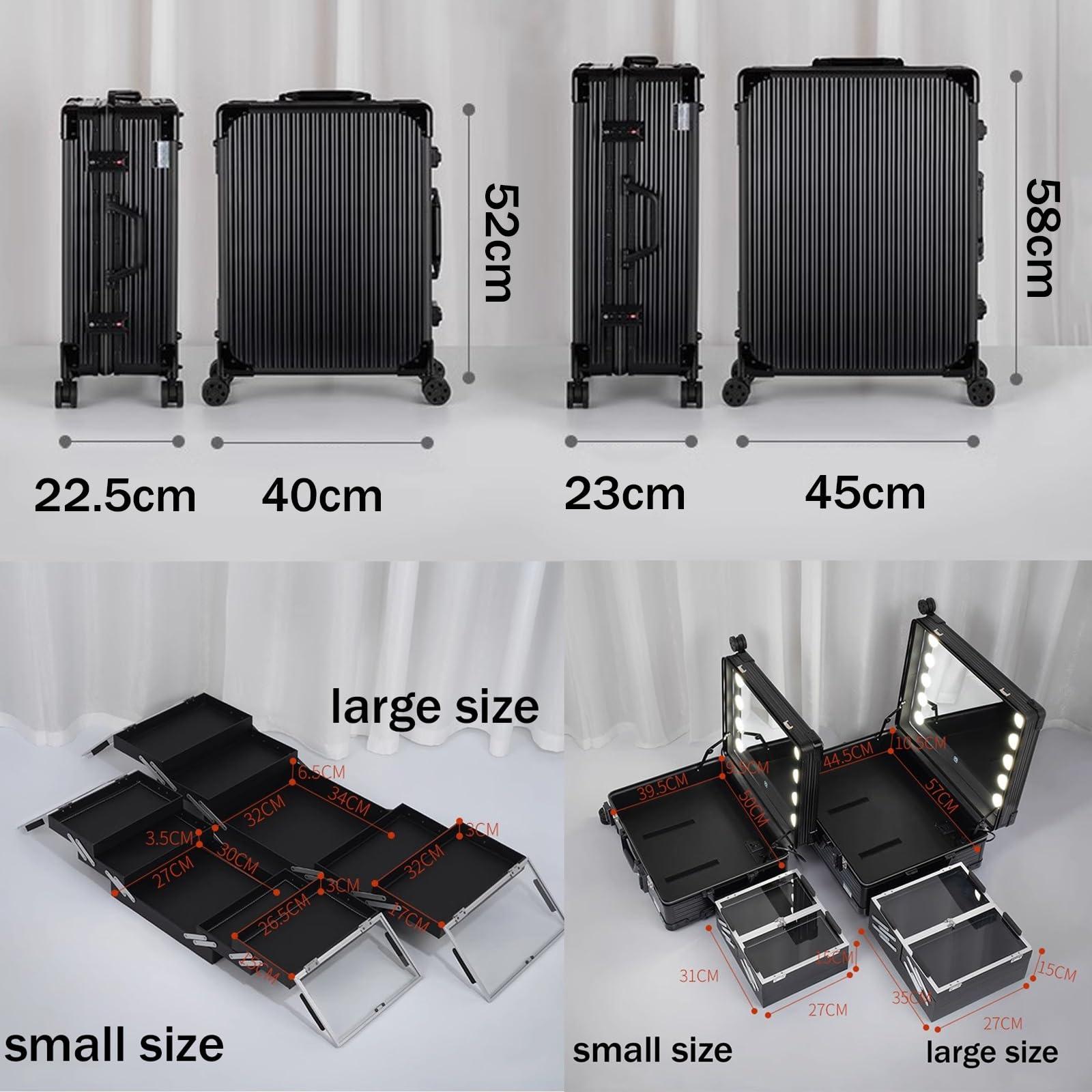 HJXGQJM Large Makeup Train Case With Mirror And Lights, Professional Artist Cosmetic Travel Organizer Box Aluminum Makeup Case Salon Station With Stand Rolling Lighted Makeup Vanity Station (Silvery) ( Color