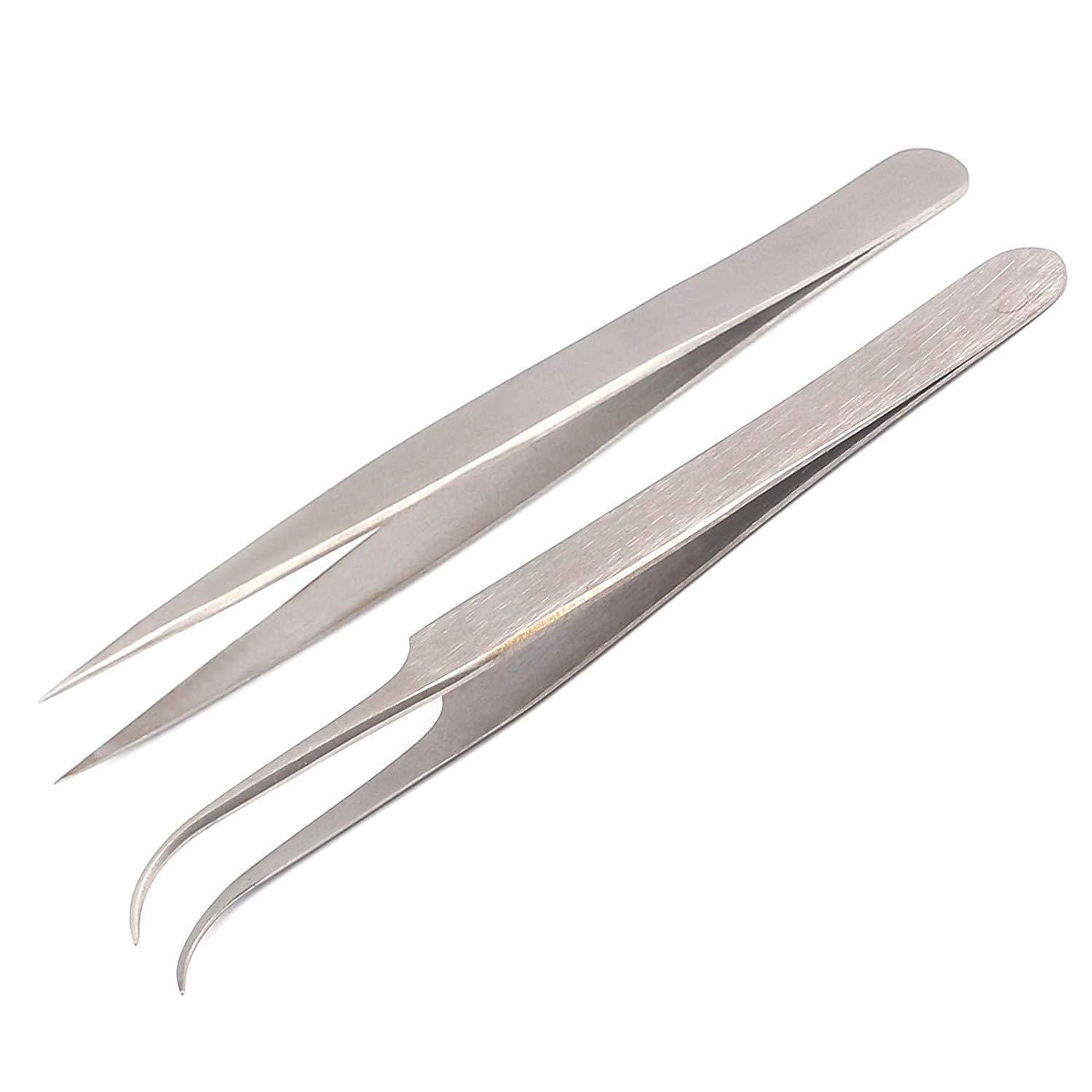 GS Online Best Tweezers for Eyelash Extension - Straight and Curved Pointed Tweezers - Professional Stainless Steel Precision Tweezers set - 2 Pcs - Silver - By G.S Online Store
