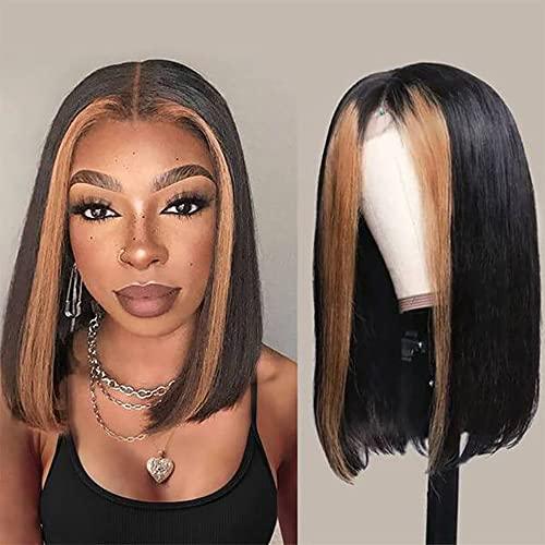 Wiggins Wiggins Skunk Stripe Wig Bob Wig Human Hair Honey Blonde Highlight Lace Front Wigs for Black Women Human Hair Short Straight Bob Wig Skunk Stripe Lace Front Wig Human Hair Hair 12 Inch