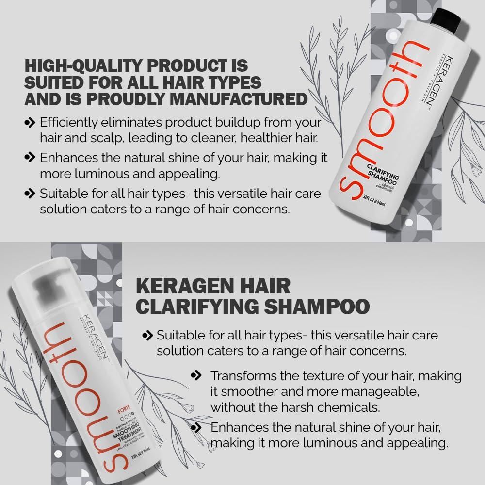 KERAGEN KERAGEN Hair Duo: Brazilian Keratin Smoothing Treatment (32 Oz) + Clarifying Shampoo (32 oz) - Forte Formula for Dry, Damaged Hair, Sulfate-Free, Eliminates Curls, Frizz