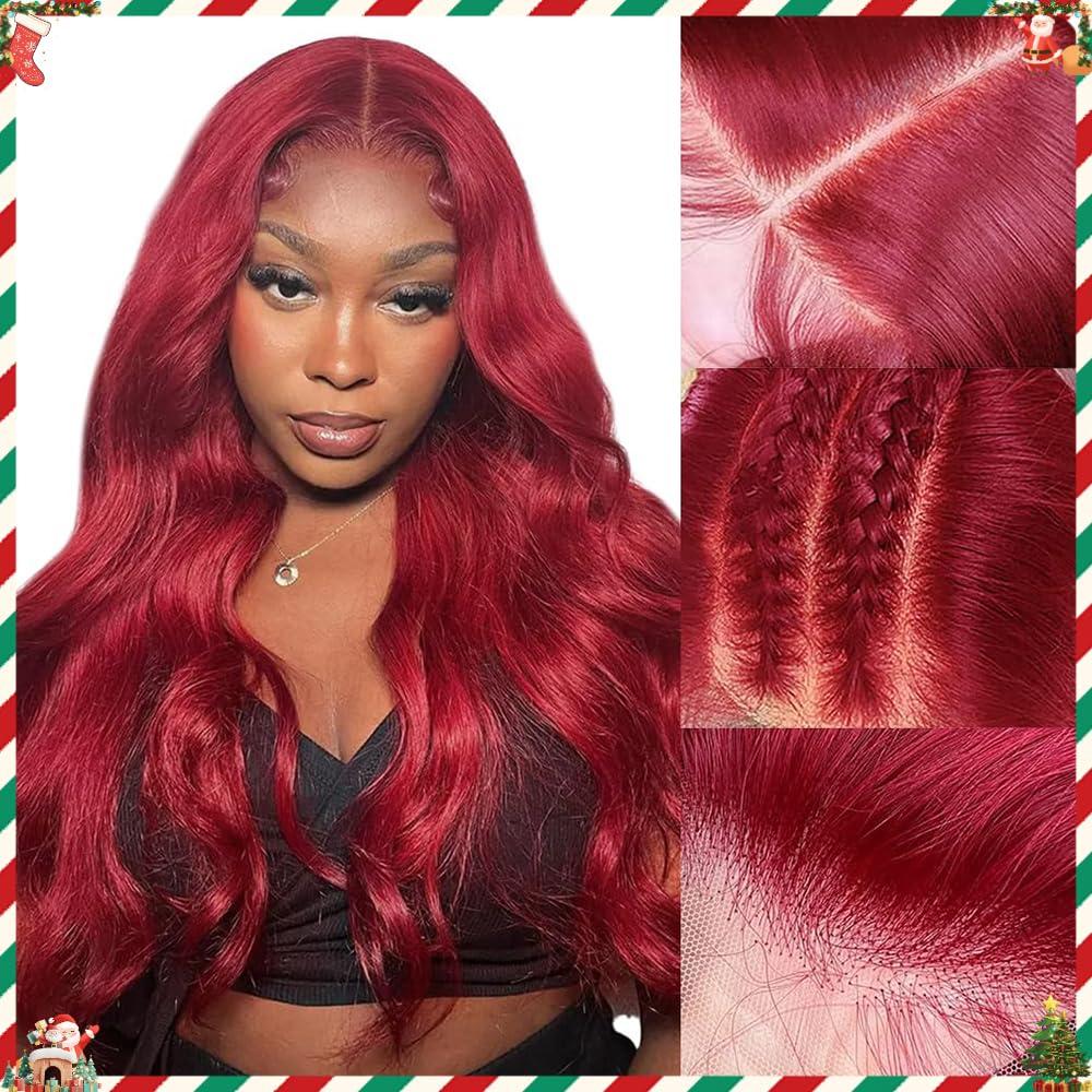 Rruaneal Rruaneal 13x4 99J Burgundy Lace Front Wigs Human Hair Pre Plucked 26Inch Burgundy Body Wave Lace Front Wigs Human Hair 180% Density Red Lace Front Wigs Human Hair