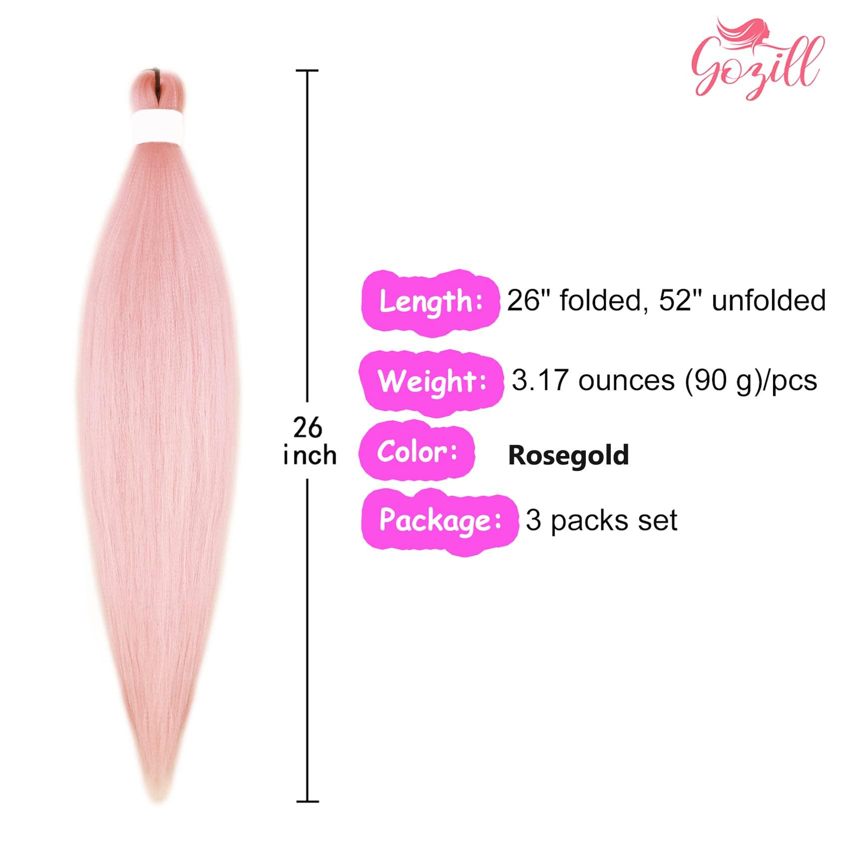 Gozill Baby Pink Braiding Hair Pre Stretched Knotless Braiding Hair 26Inch Pink Fake Hair for Braiding (Pack of 3)
