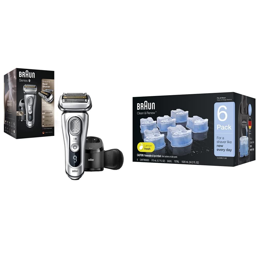 Braun Braun Electric Razor for Men, Waterproof Foil Shaver, Series 9 9390cc, Wet & Dry Shave, with Pop-Up Beard Trimmer for Grooming with Clean & Renew Refill Cartridges, 6 Count, Pack of 1