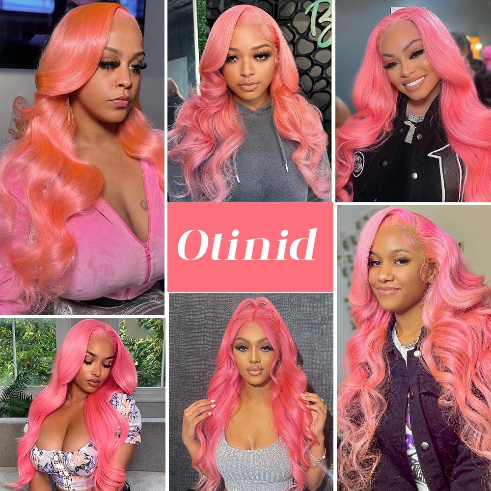 Otinid Pink Lace Front Wig - Human Hair, 13x4 HD Lace Frontal, Pre-Plucked Body Wave, 180% Density, Glueless, 28 Inch