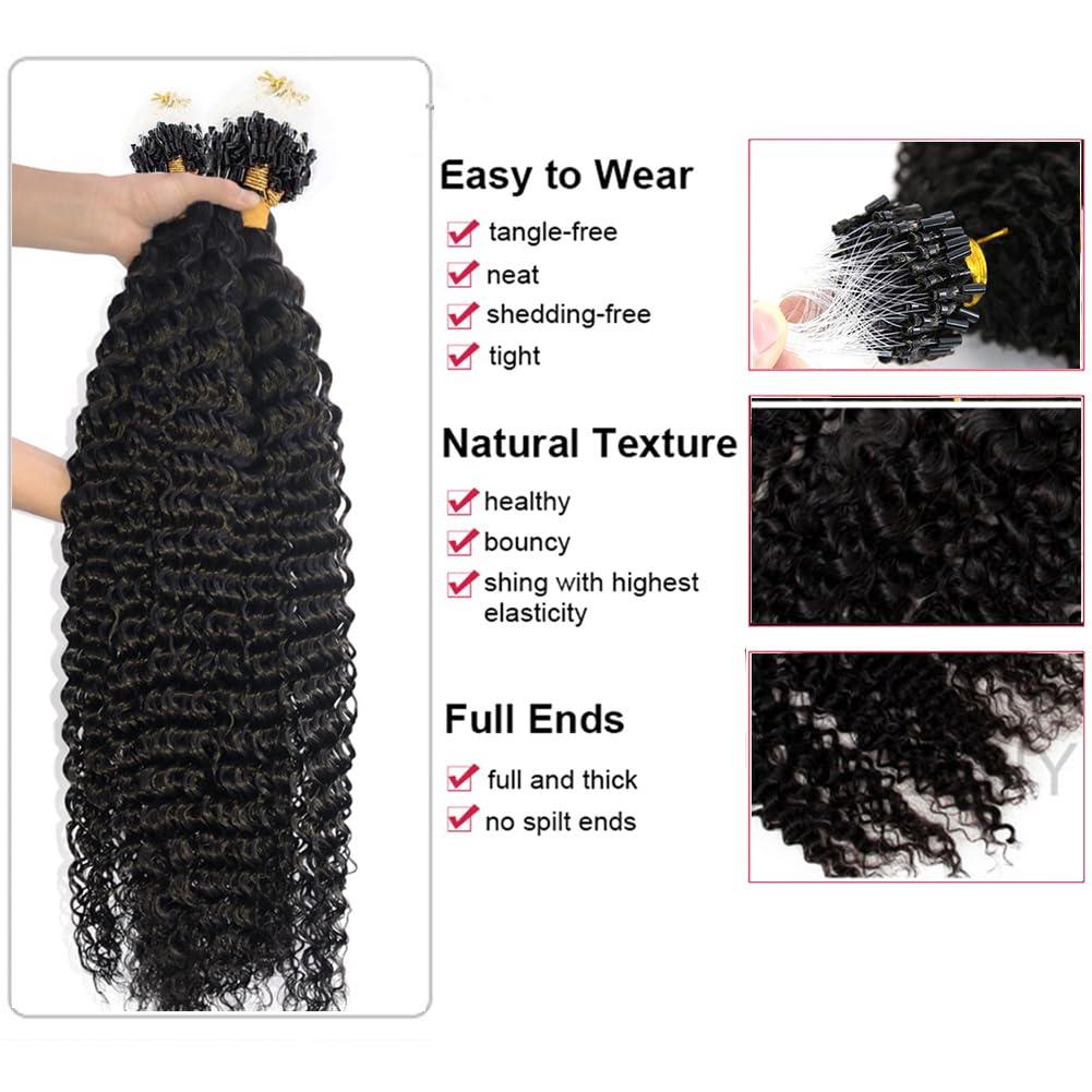 Kiss darling LASHES 3c Curly Microlinks Hair Extensions Human Hair Deep Kinky Curly Micro Loop Rings Human Hair Extensions Full Head for Women 100 Strands 100g Naturl Black 28 Inches