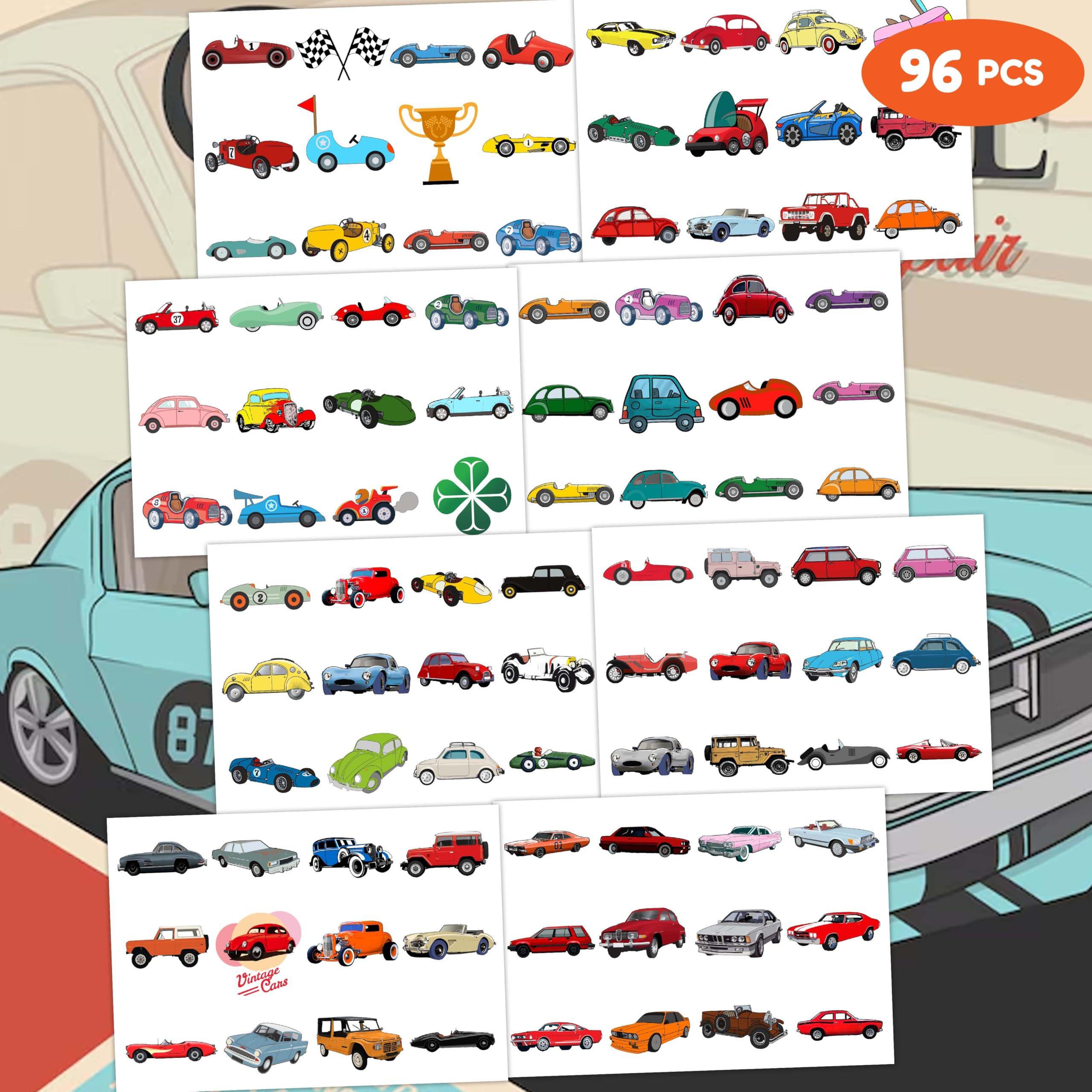 NinthAvenue Basics 96PCS Vintage Car Temporary Tattoos Classic Car Birthday Party Decorations, Retro Car Themed Favors, Supplies, Stickers for Kids Boys Girls, Gifts & School Rewards