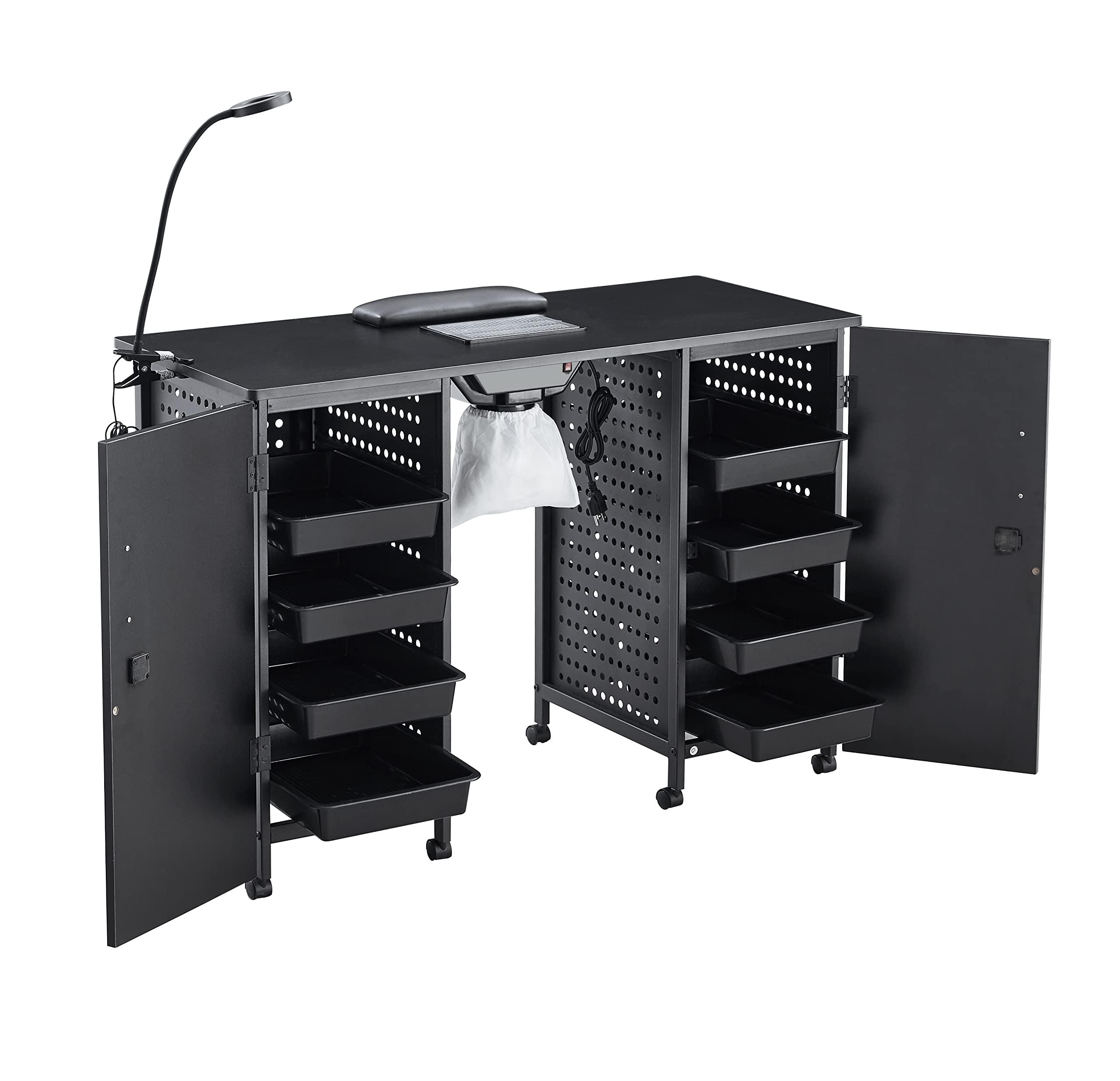 HomVent HomVent Manicure Table Nail Desk Iron Single Cabinet, Beauty Spa Salon Workstation w/Wrist Rest, Lockable Cabinets, LED Lamp, Electric Downdraft Vent, 2 Cabinets (Black)