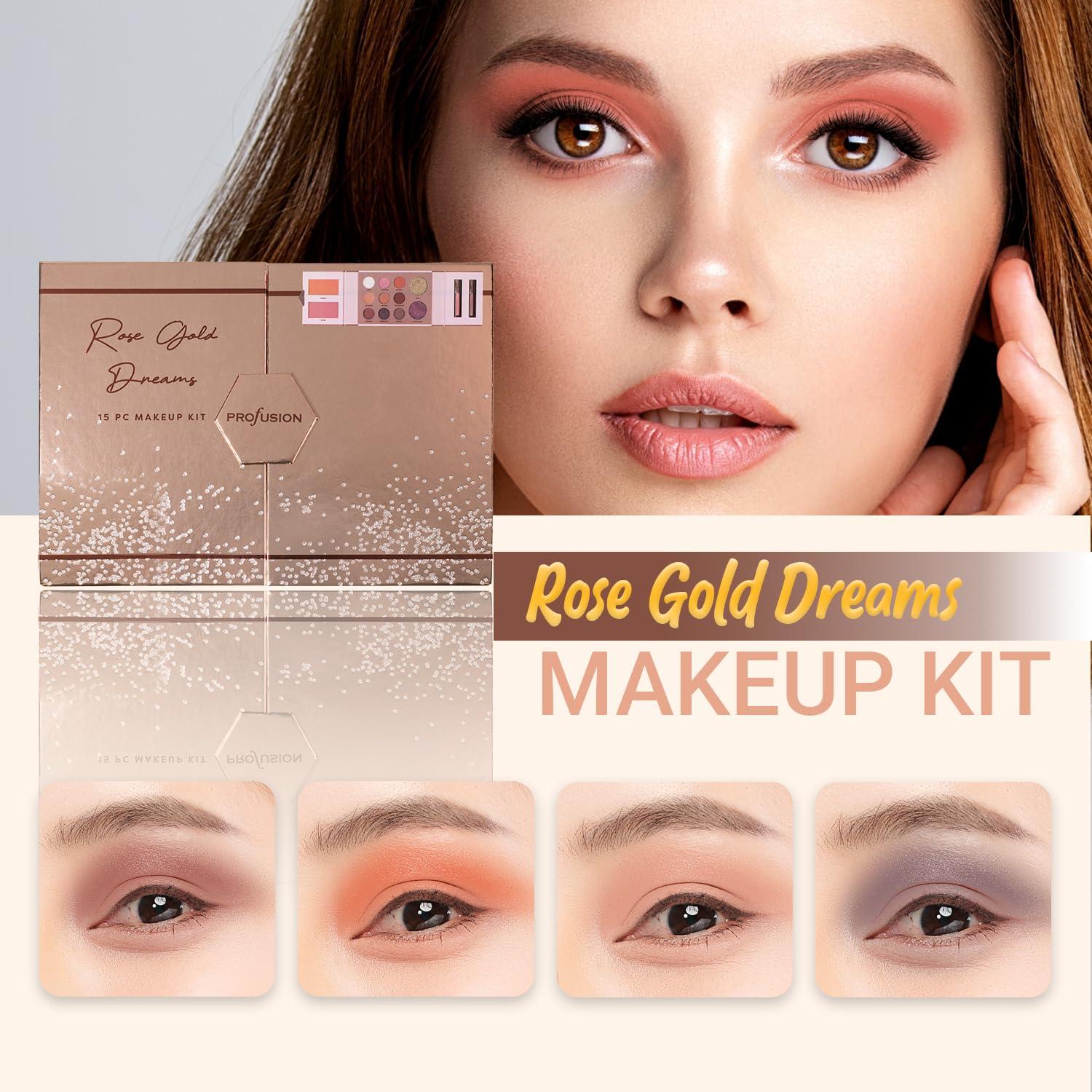 Profusion Cosmetics Profusion Cosmetics Rose Gold Dreams 15 PC Makeup Kit, Velvety Smooth Matte and Glitter Eyeshadows, Vibrant Blush and 2 Lipgloss for Glamorous Looks