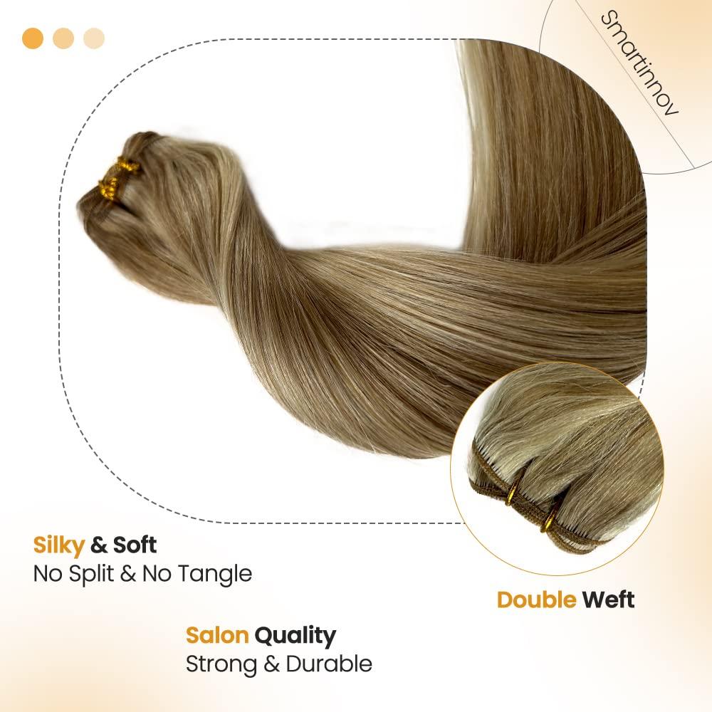 Smartinnov Balayage Weft Hair Extensions Sew in Human Hair 18Inch Light Brown Highlights Platinum Blonde Sew in Hair Blundes Ombre Blonde Double Weft Brown Blonde Hair Extension Real Remy Hair Sew in #8P60 100G