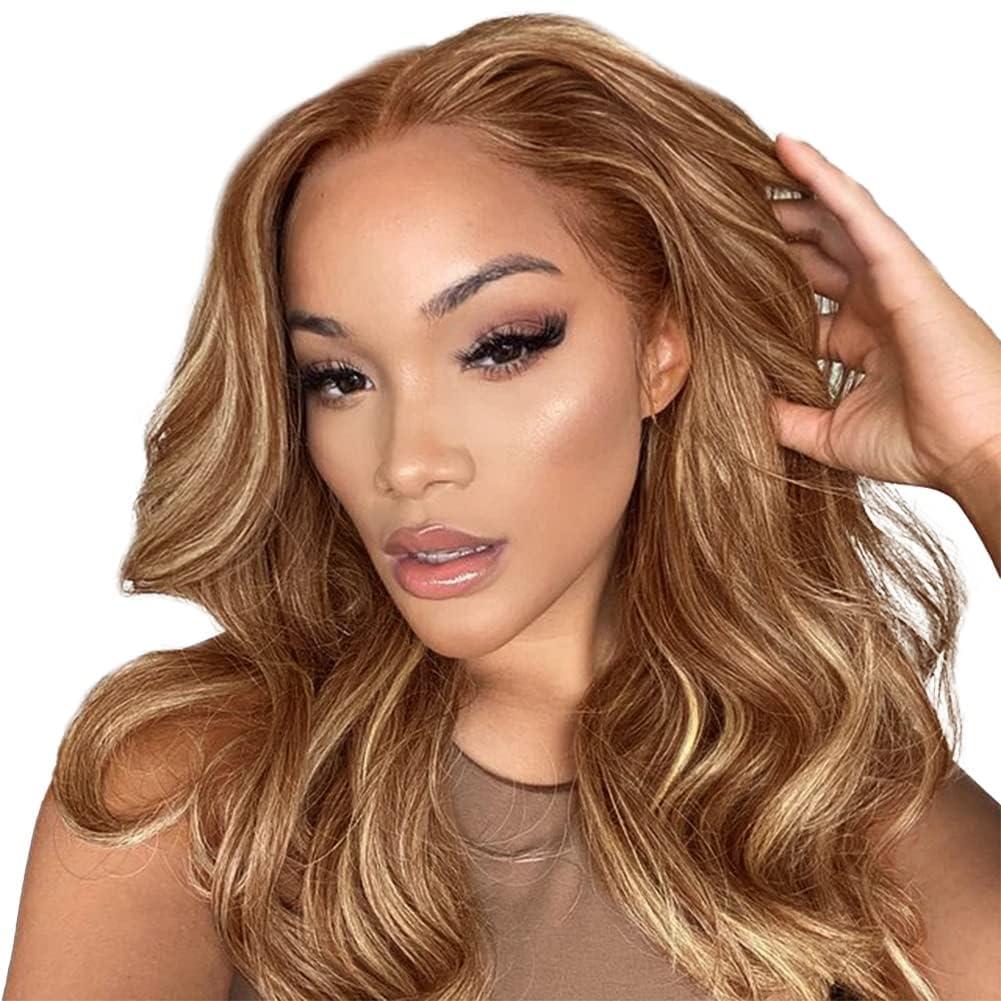 Lantianlvye 18 Inches Ombre Brown Body Wave Lace Front Wigs Highlight #27/30 Human Hair Pre Plucked Glueless Wig 150% Density 13x4 HD Transparent Frontal Wigs Lace Front Wigs for Black Women