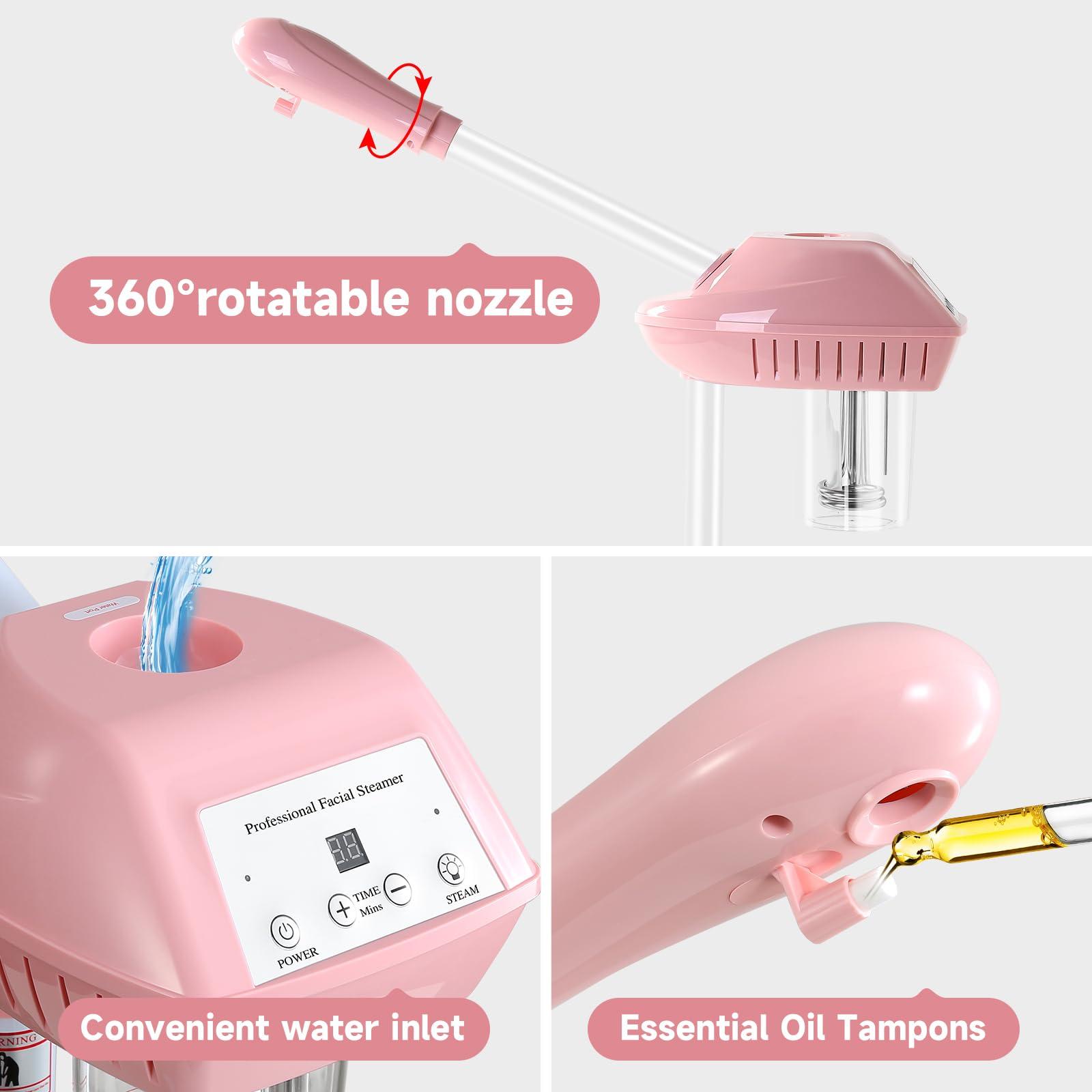 Niuadage Professional Facial Steamer, Facial Steamer on Wheels, Ozone Facial Steamer, Standing Face Steamer, SPA Facial Steamer for Salon and at Home Use, Touch Control, Timing Function, Pink