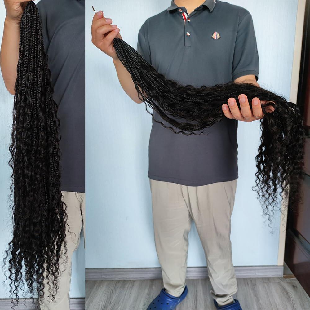 UMRHair Prelooped Human Hair Bulk Crochet Goddess Braids with Human Hair Curls Synthetic Braiding Hair with Curly Ends Crochet Boho Box Braids Natural Black 30inch