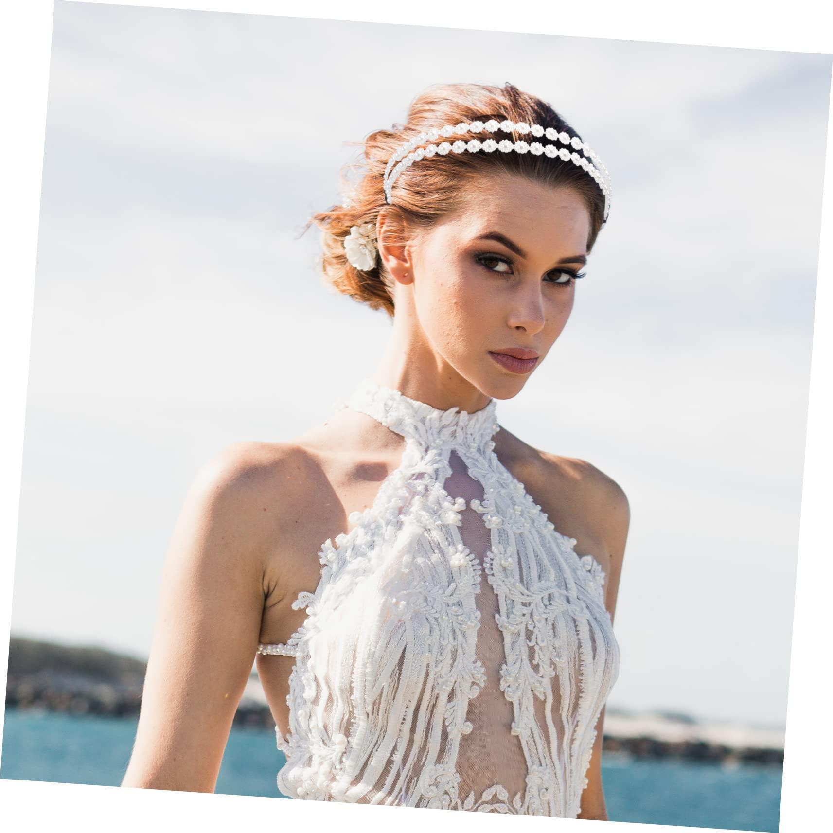 SKISUNO SKISUNO Bridal Hair Accessories Sparkly Hair Bands for Women Hair Band Gold Jewelry Headband Pearl Necklace Pearl Elastic Hairbands Bandana Hair Bands for Women Pearl Band White