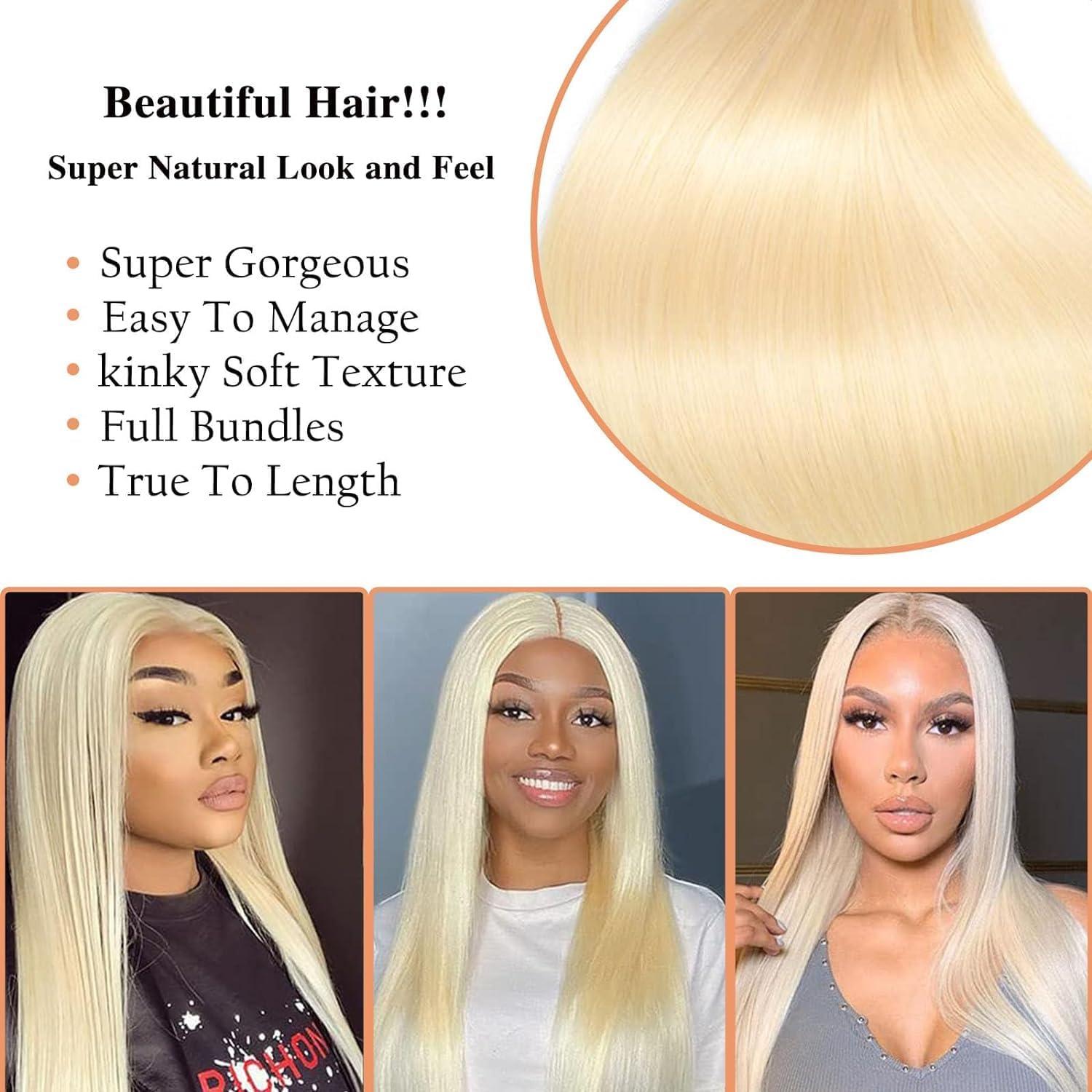 Rostationa 613 Blonde Bundles Human Hair Straight 16 18 20Inch 613 Human Hair Bundles Brazilian Virgin Human Straight Hair 3 Bundles Human Hair Blonde Straight Hair Extensions(613-ST-16 18 20)