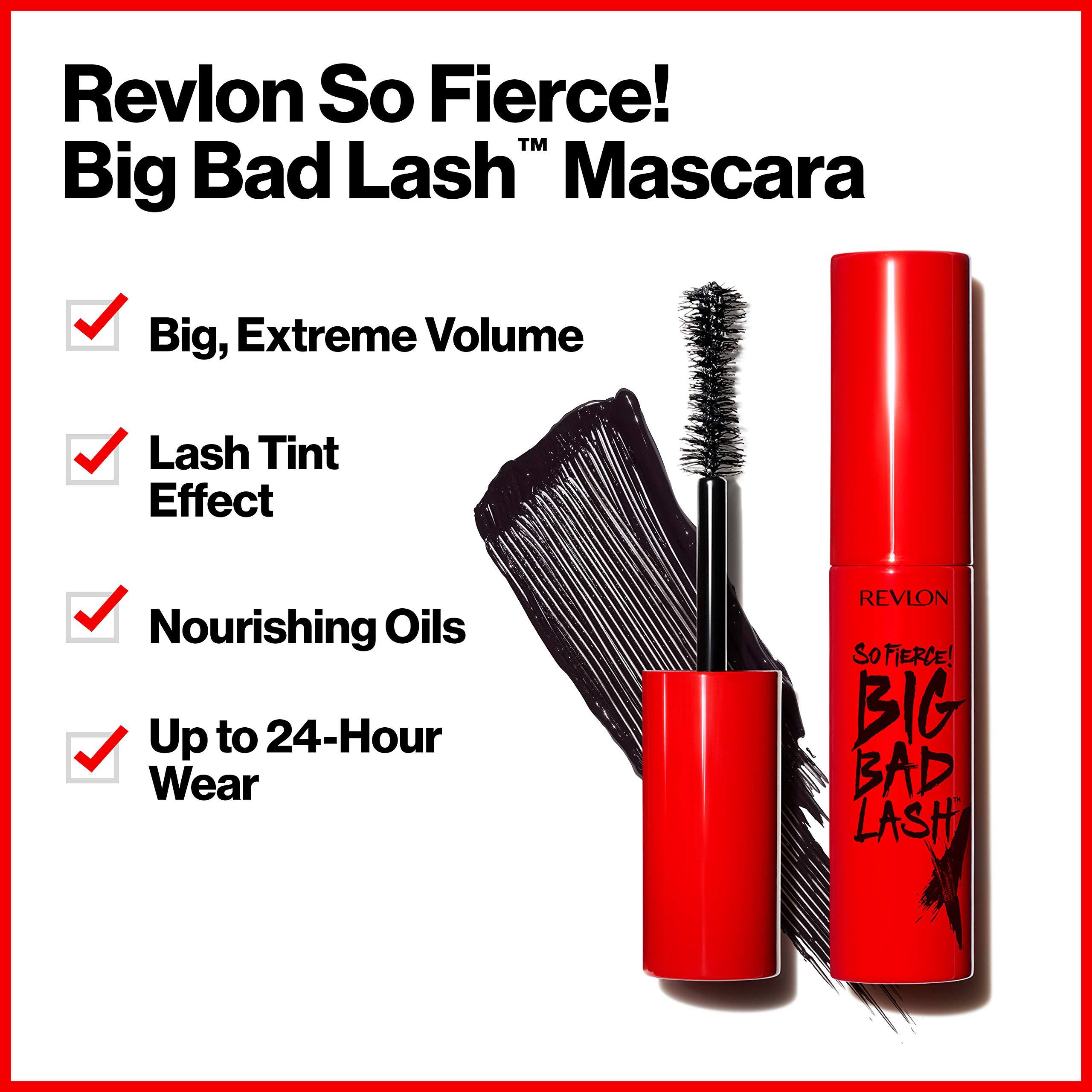 REVLON Revlon Mascara, So Fierce Big Bad Lash Eye Makeup, Volumizing, Lasts up to 24 Hours, No Clump, Smudge-Proof, Flake-Free, 762 Waterproof Blackest Black, 0.34 fl oz