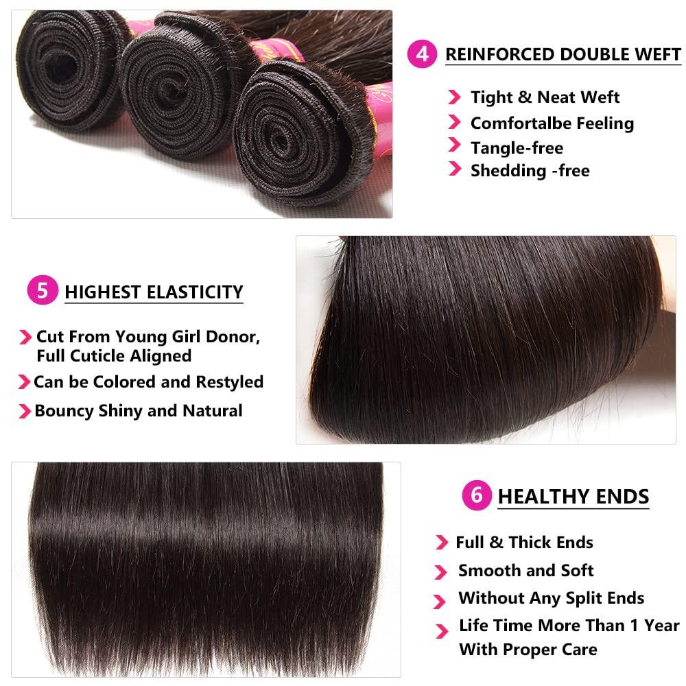 YISEA Brazilian Straight Hair Bundles with Lace Closure(18 20 22 24+16 Closure) 100% Unprocessed Human Hair 4 Bundles with 4x4 Lace Closure Brazilian Virgin Human Hair Bundles