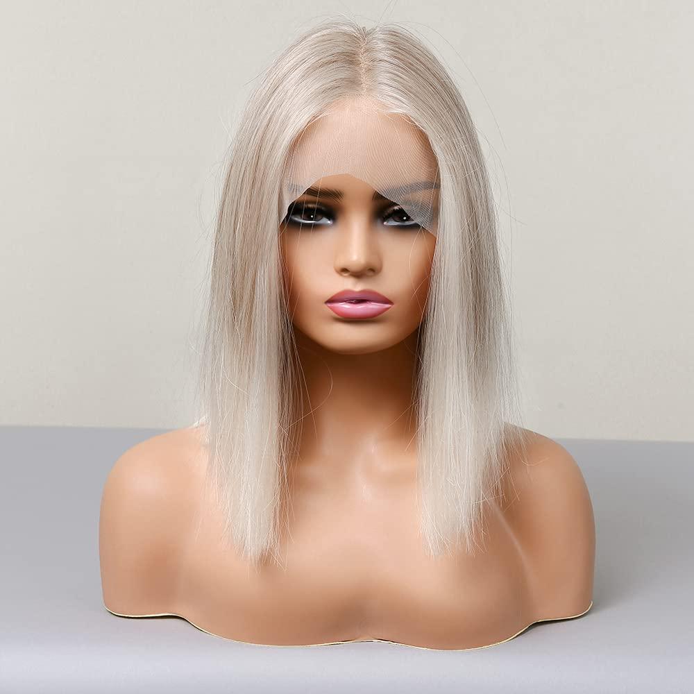 vedar vedar Ombre White Blonde Bob Wigs, Synthetic Hair Short Blonde Lace Front Wig with Highlight, Short Bob Wigs for Women, 12 inch VEDAR-096