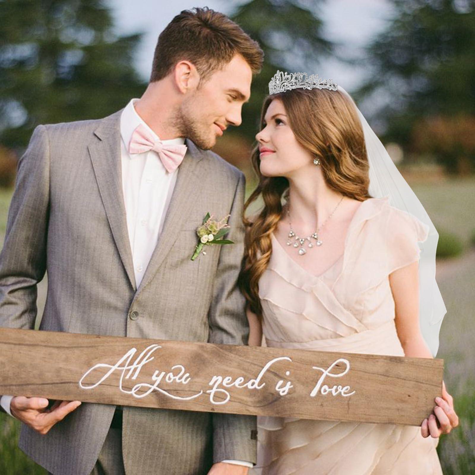 YARIEW YARIEW Silver Crown + Bride Veil Set, Rhinestone Wedding Bridal Tiara, Bridal Shower Decorations, Bachelorette Party Decorations Prom Bridal Shower Birhday Gift for Women and Girls