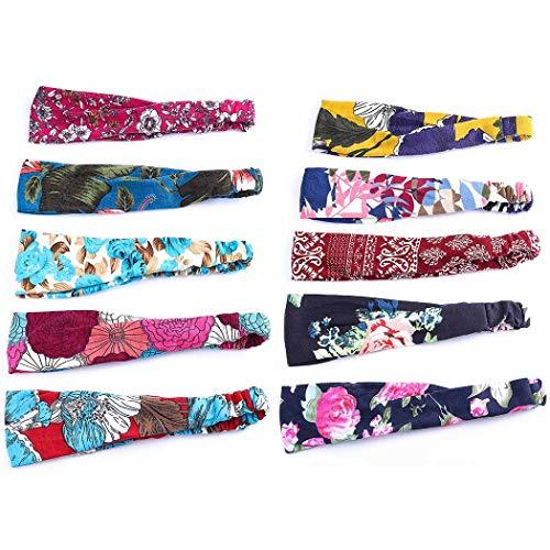 Bohend Bohend 10 Pack Boho Headbands Wide Flower Hair Band Boho Bandeau Stretchy Athletic Daily Use Hair Accessories for Women and Girls (E)