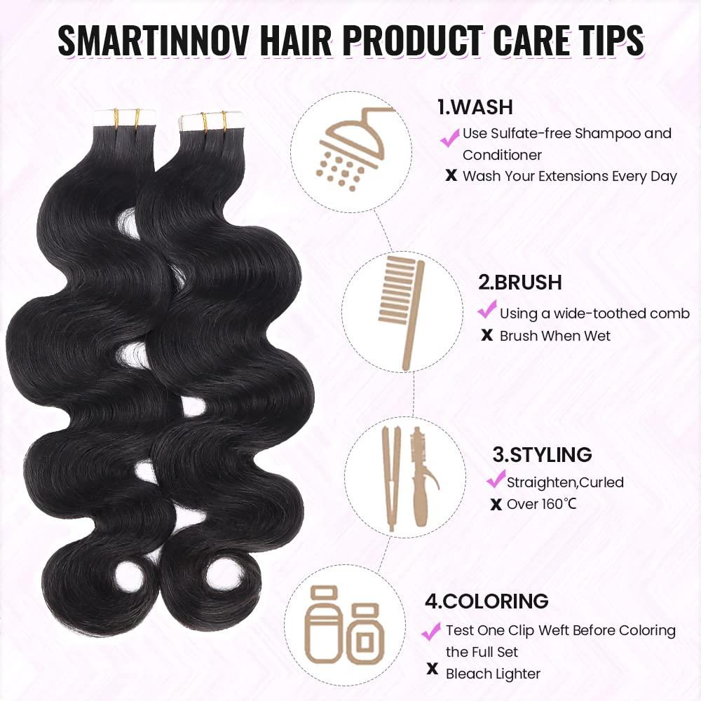 Smartinnov Remy Tape in Hair Extensions for Full Head 40 PCS 100g Natural Black Body Wave Tape in Extension Human Hair for Black Women Reusable Double-Side Seamless Wavy Tape in Hair Extensions 16 Inch