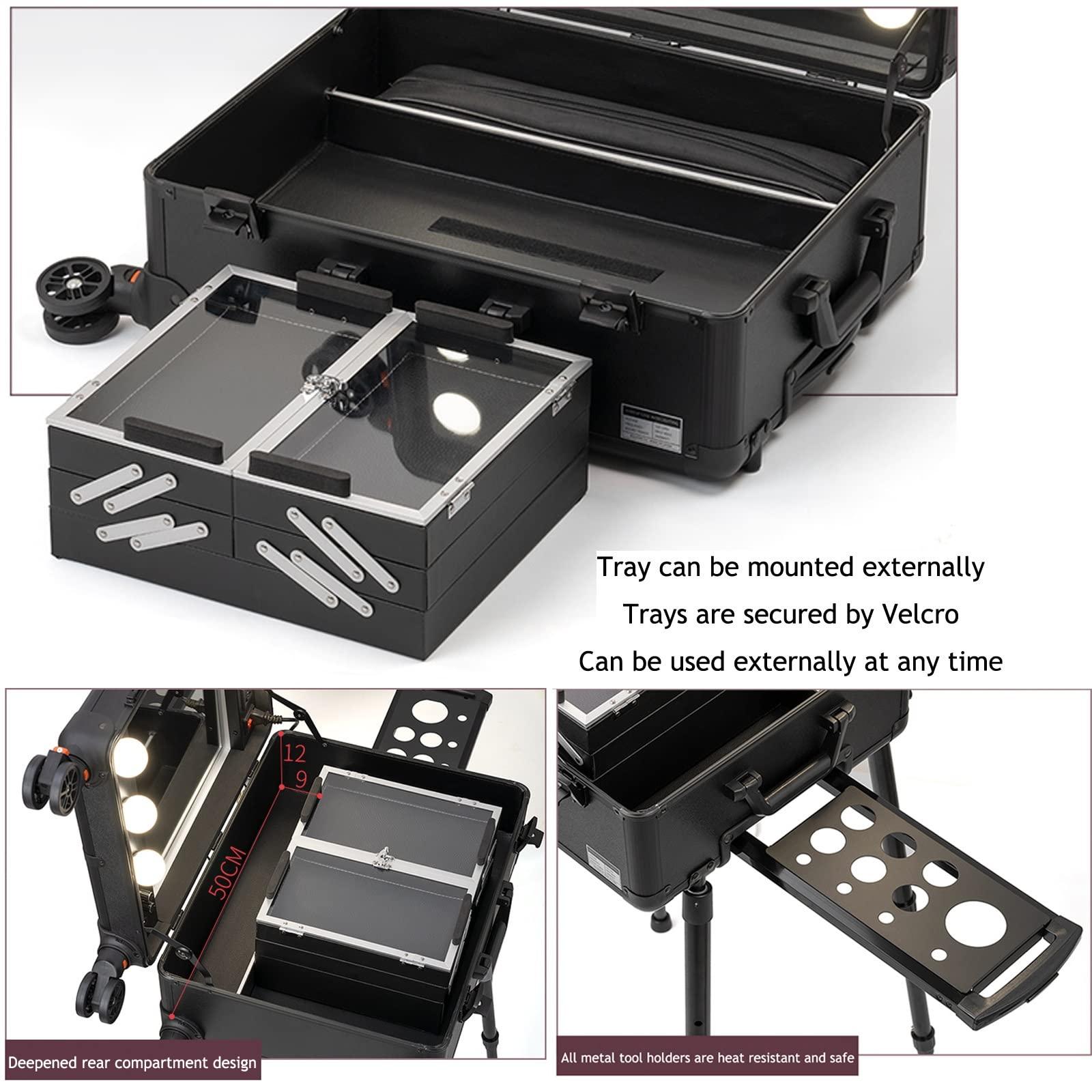 HJXGQJM HJXGQJM Aluminum Trolley Makeup Train Case With LED Lights Professional Cosmetic Organizer Studio With Wheels And Stands Rolling Lighted Makeup Vanity Station For Travel,black cosmetic case
