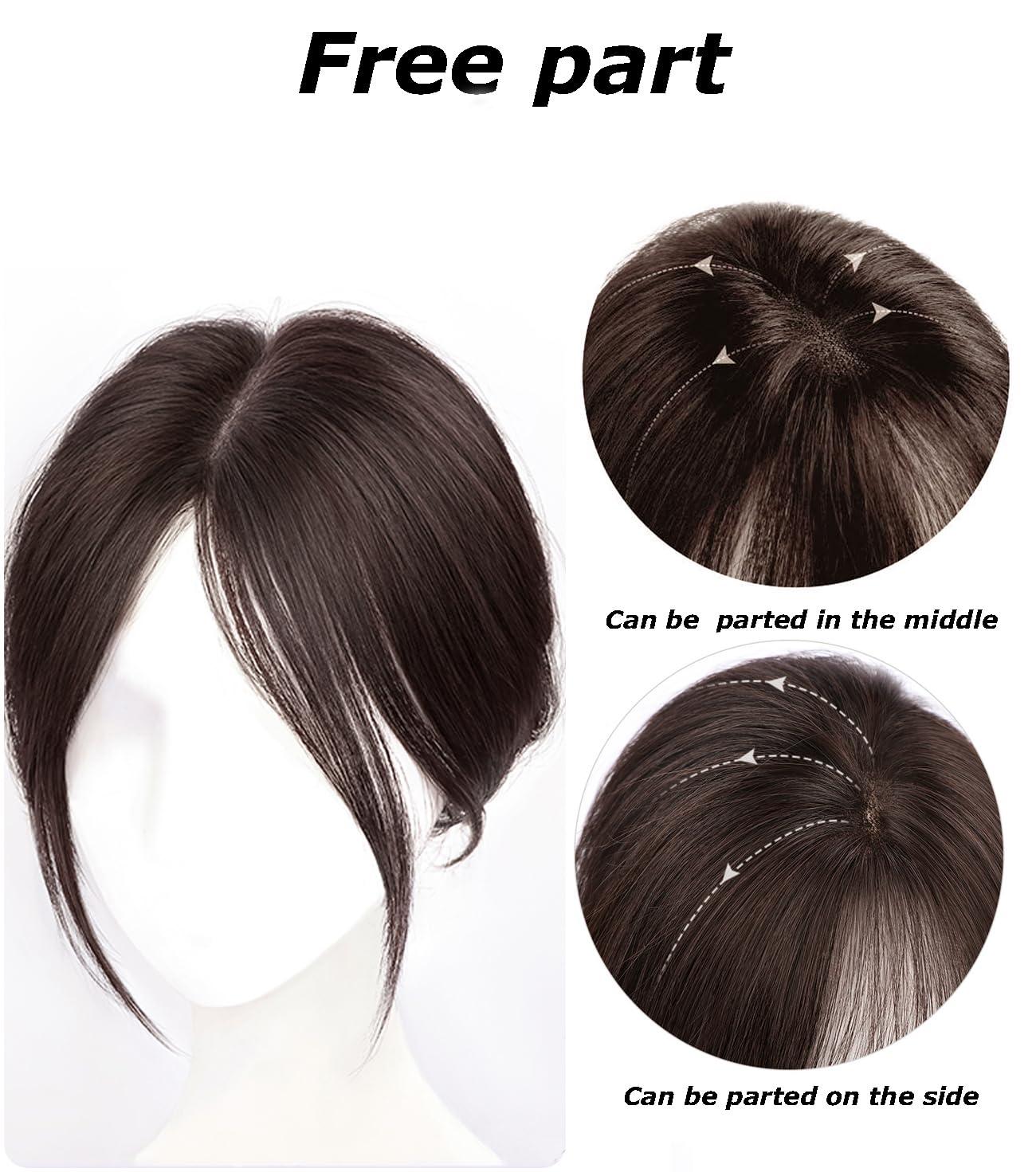 AiUree AiUree Short Hand Woven Ugrade Lace Human Hair Topper with French Bangs,10\" Women Toupee Human Hair Clip on Bangs Forehead Hair Piece Topper Human Hair Extensions Fake Fringe Hairpiece Dark Brown