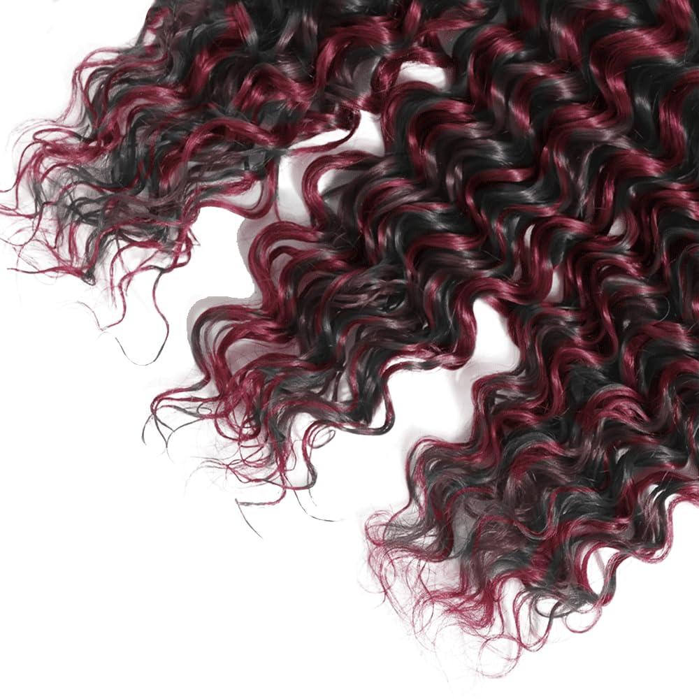 SUHKRPT Highlight Bundles P1B99J Deep Wave Human Hair Bundles Two Tone Black Mixed With 99J Burgundy Bundles Human Hair 3 Bundles 24 24 24 Inch Ombre Wine Red Bundles