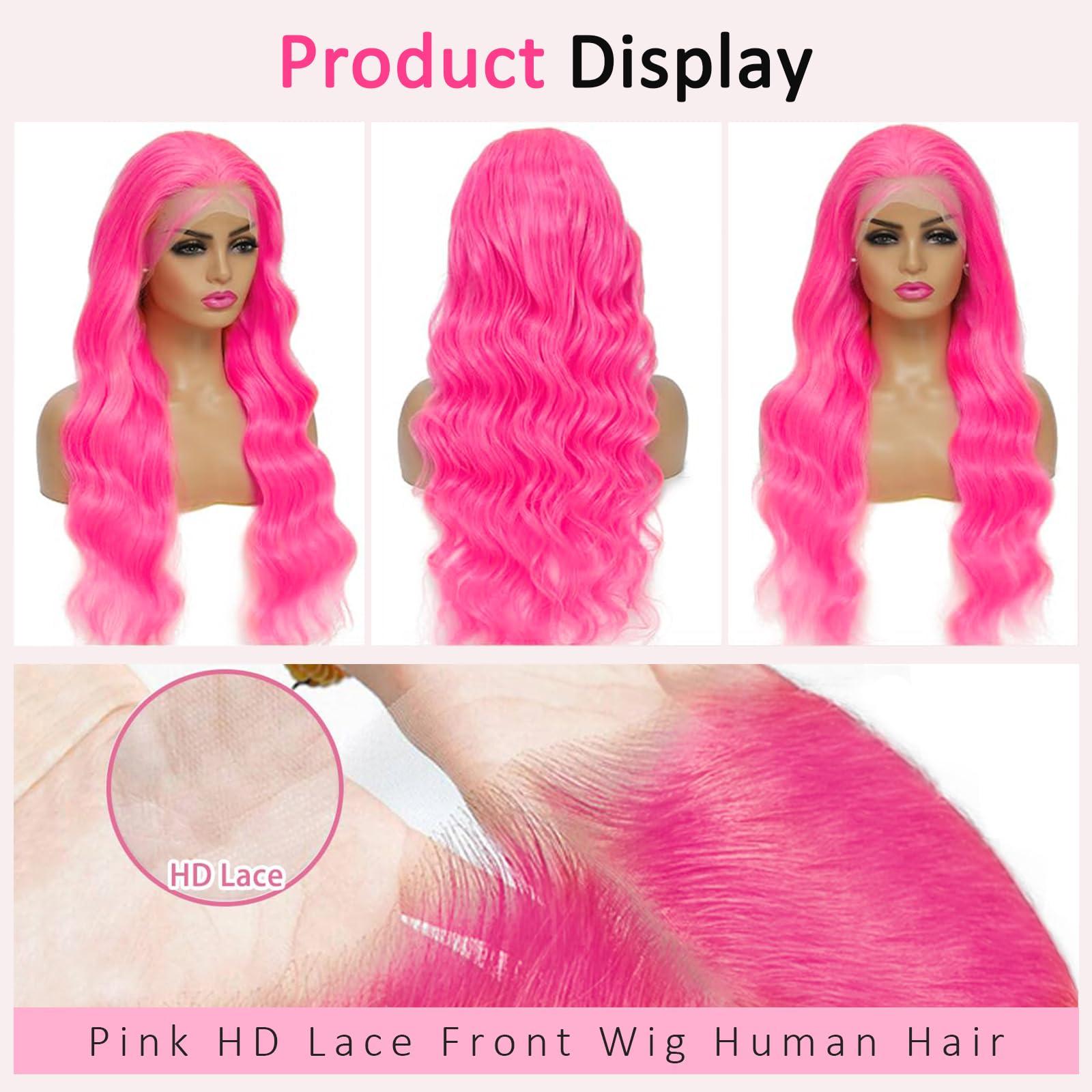 Cloudeer 26 Inch Pink Wig Human Hair 13x4 Body Wave HD Lace Front Wigs Human Hair Pre Plucked Pink Human Hair Lace Front Wigs Colored 180 Density Pink Frontal Wigs Human Hair Pink Lace Front Wig Human Hair