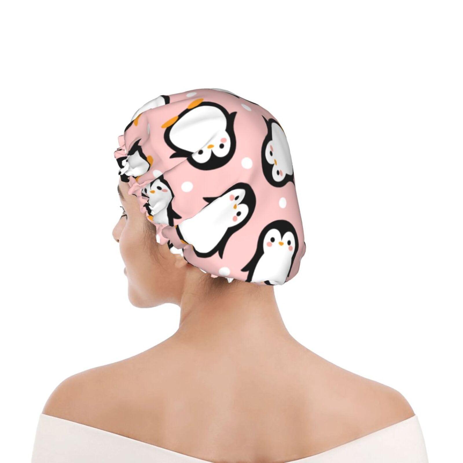YIPOCH Cute Animal Penguin Large Shower Cap for Women Men Shower Caps for Women Reusable Waterproof Hair Cap Double Layers Showercap With PEVA Lined & Elastic Band Fashion Shower Bonnet