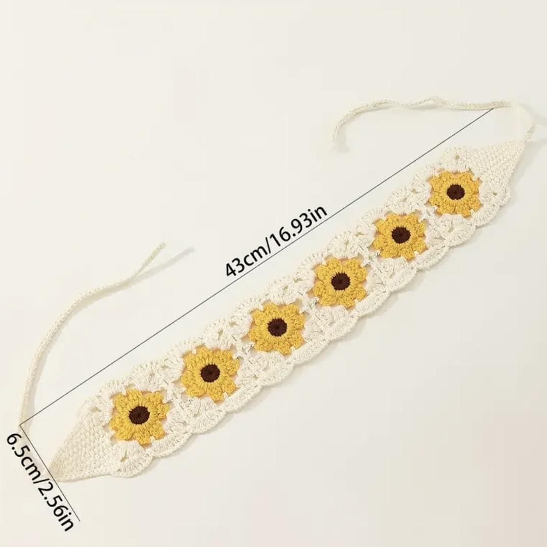 ClawsandPaws ClawsandPaws Daisy Crochet Headbands Hairbands, Hair Scarf, Knitted Floral Hair Accessories for Festival/Holiday, Cottagecore Aesthetic (Beige with Yellow Flower)