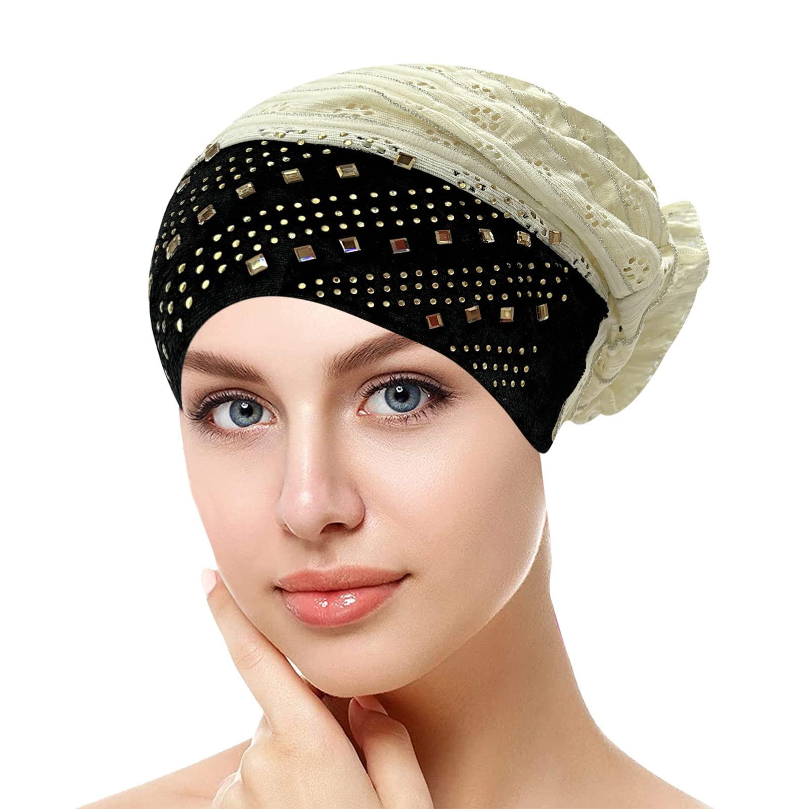 YOLAI African Women Turban Cap Head Wraps Beaded Headscarf Beanie Wrap Turban Headband Chemo Cap Soft Beanie (Beige, One Size)
