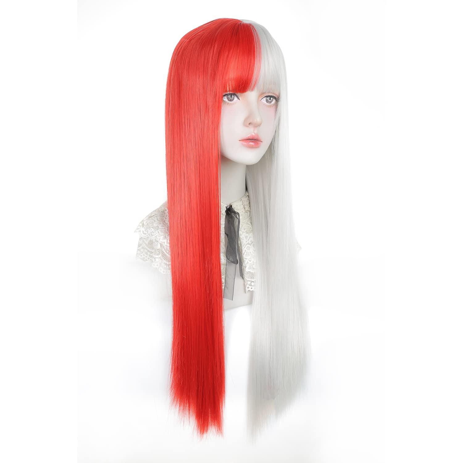 Styler Styler Half White Half Red Wig with Bangs, Long Straight Anime Cosplay Wig for Women, Heat Resistant Synthetic Halloween Hair Wigs