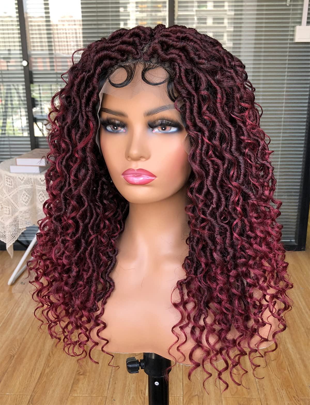MURAMURA HAIR MURAMURA HAIR Goddess Faux Locs Wigs for Black Women 18Inch Full Lace Curly Synthetic Wigs with Baby Hair Bohemia Locs Twist Crochet Curls Braid Braided Wig(Ombre Red