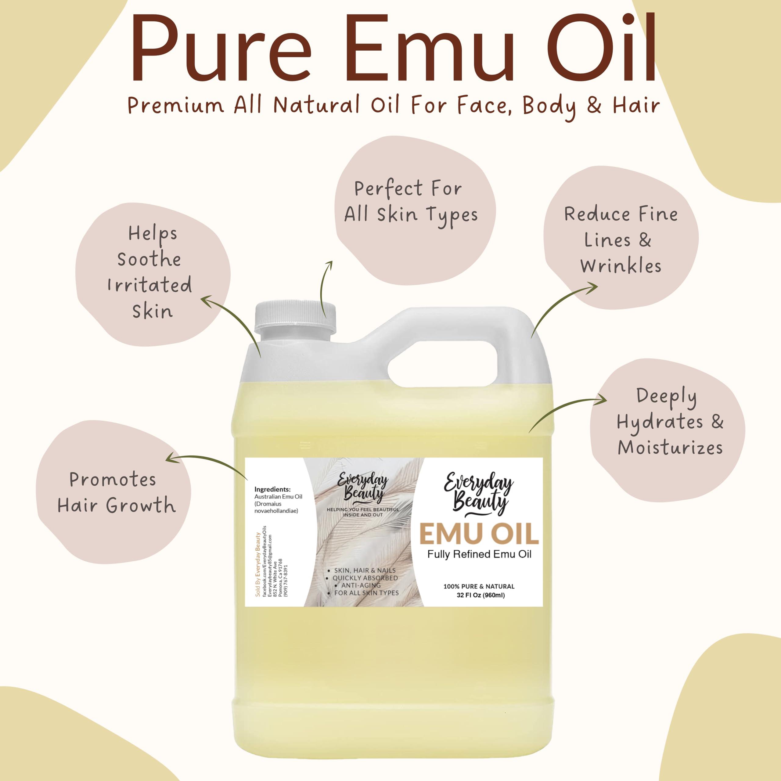 Everyday Beauty Helping You Feel Beautiful Ins Pure Australian Emu Oil Bulk 32 Fl Oz - All Natural 6X Refined for Face, Skin and Hair - Highly Effective Hydration for Sensitive Skin and Hair Growth - Perfect for Scars and Blemishes