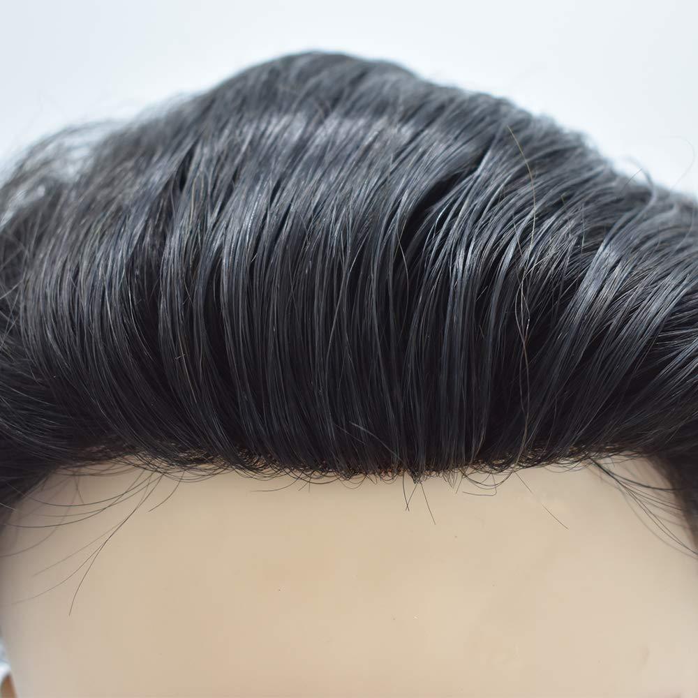 Curve Hair Toupee for Men HairPieces French Lace Mens Toupee Human Hair System Transparent Lace Replacement For Men Poly Skin Around Man Hair Unit Wigs for Men 7\"X9\",#3 Dark Brown-100% Light to Med-Light Density