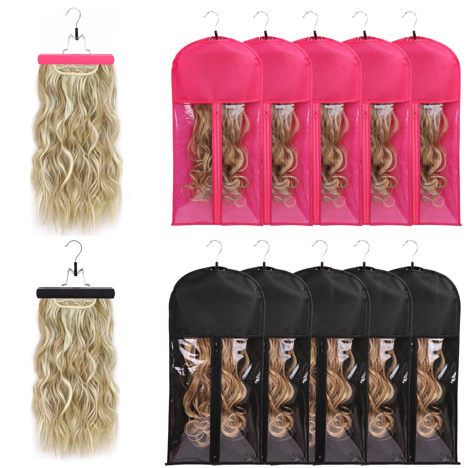 AIHOPESTO 10 PCS Wig Bag Wig Storage for Multiple Wigs Hair Extension Storage Wig Bags Storage with Hanger Anti-slip Hair Extension Holder with Wooden Hanger(5PCS BLACK + 5PCS ROSE)