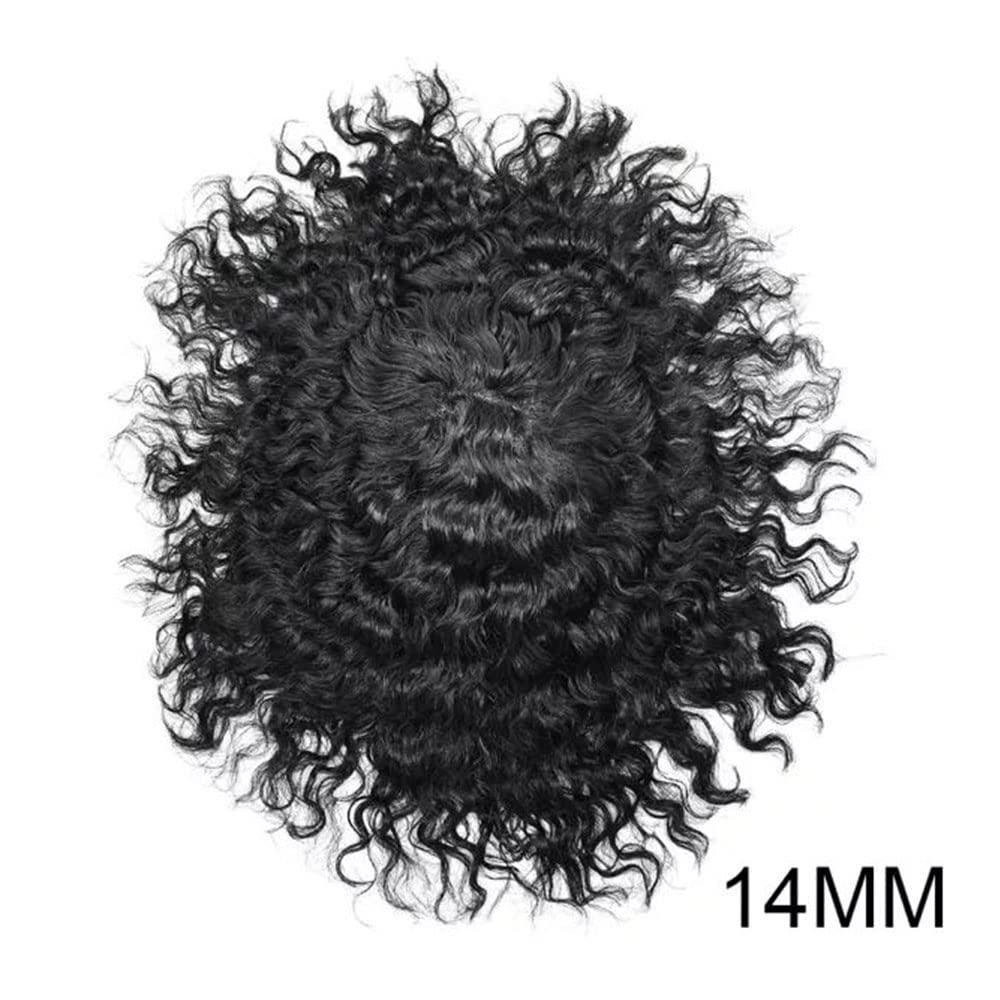 RESHE Afro Toupee For Black Men Ultra Thin Skin Hairpieces African American Men Hair Units For Mens Toupee V-Looped Human Hair Replacement System Male Hair Prosthesis 0.06mm 8X10-1# JET BLACK-14mm wave