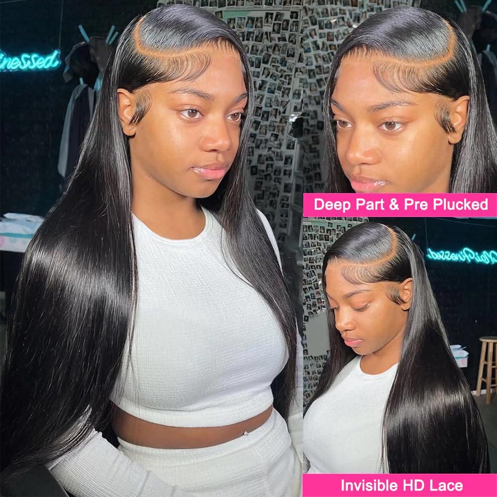 COUGARBEAUTY COUGARBEAUTY 24 Inch Lace Front Wig Human Hair Straight HD Lace Frontal Wig Human Hair 13x6 200 Density Glueless Wigs Human Hair Pre Plucked with Baby Hair for Women Natural Black Human Hair Wig