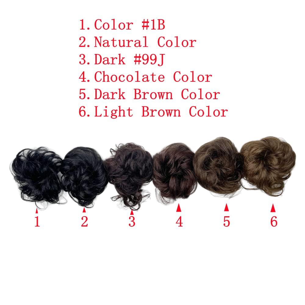 AYunhe 100% Human Hair Messy Bun Extension Tail, Messy Hair Bun Hair Scrunchies Extension with Fringe Curly Wavy Chignon for Women Wedding Tousled Updo Hairpiece (Dark Brown)