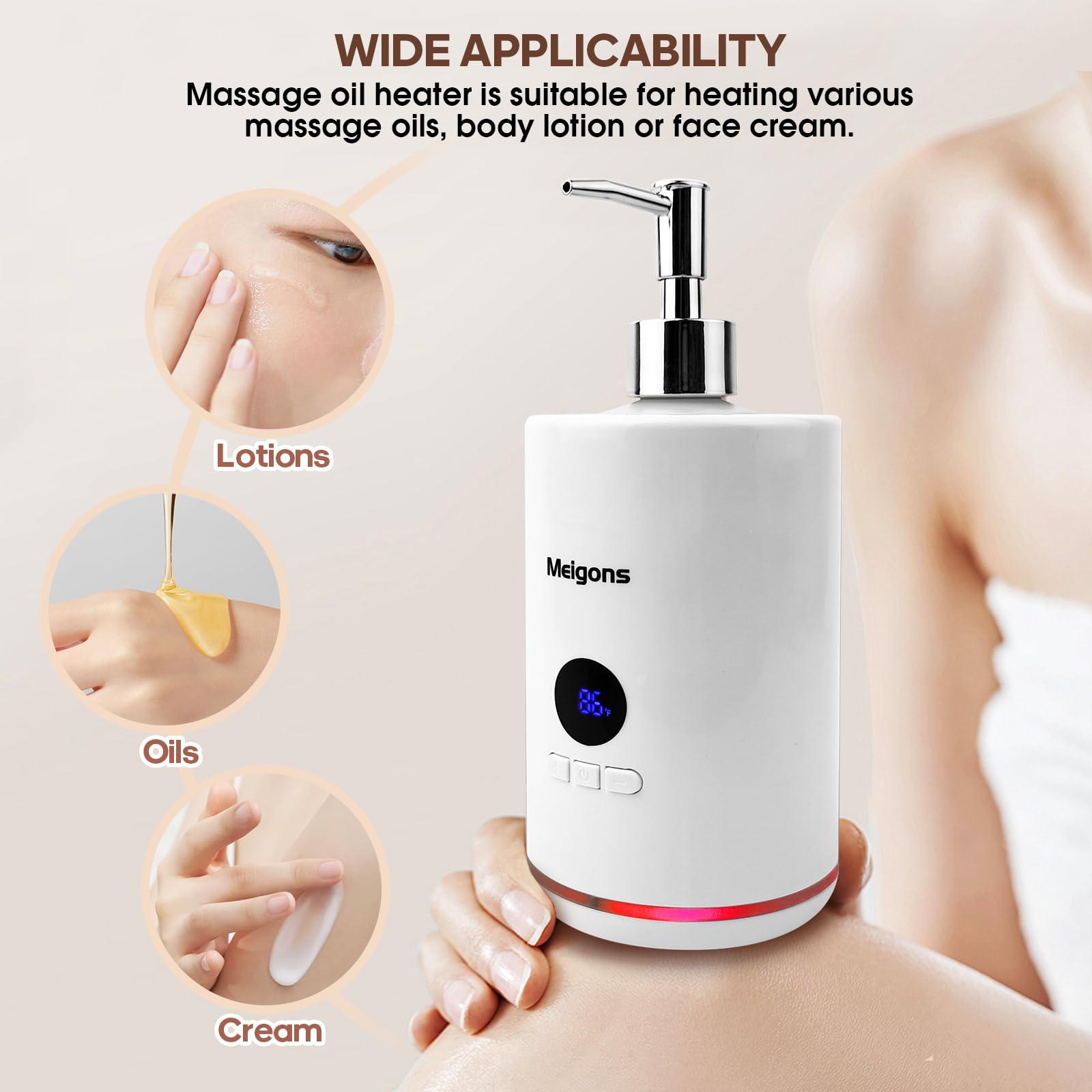 Meigons Oil Warmer for Massage, Massage Oil Warmer, Body Oils Heater for Spa, Salon and Barber Shops, with Two Oil Bottle Dispenser, Constant Temperature (White)