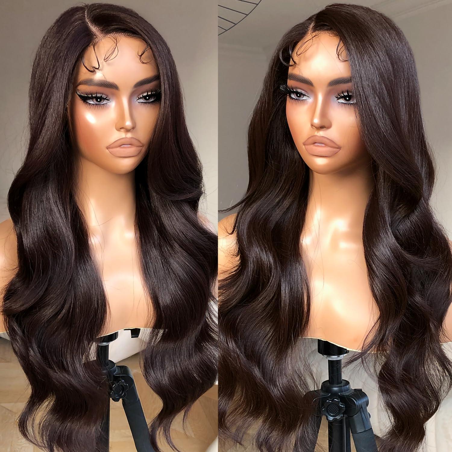 BrownBomb BrownBomb Body Wave Lace Front Wig, Synthetic Lace Front Wig Pre Plucked Glueless Wigs 13X5X1 HD Lace Front Wigs for Women 24inch Side Part Wig (Brown, 24)