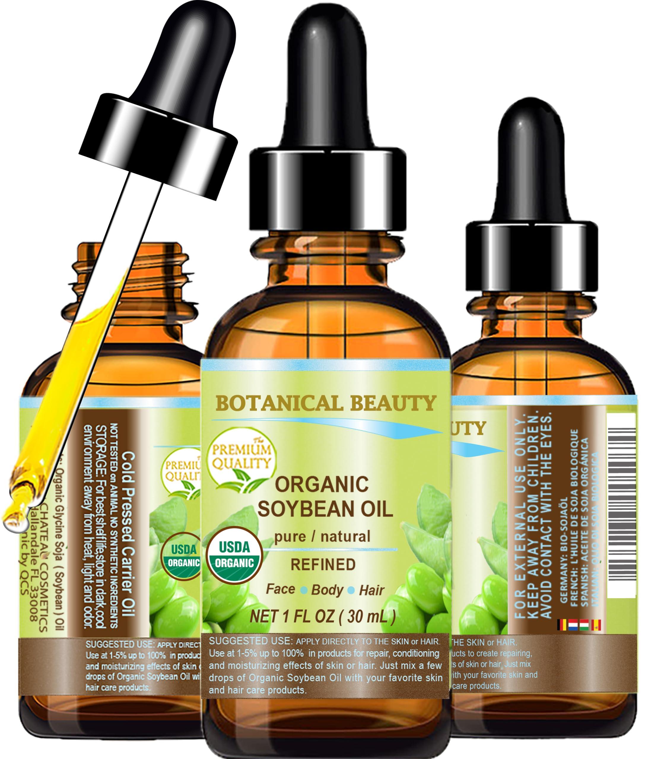 Botanical Beauty Organic SOYBEAN OIL 100% PURE Natural Refined Cold Pressed Carrier Oil for FACE, SKIN, BODY, HAIR, NAILS 1 Fl.oz.- 30 ml Skin Moisturize, Skin Nourishing by Botanical Beauty