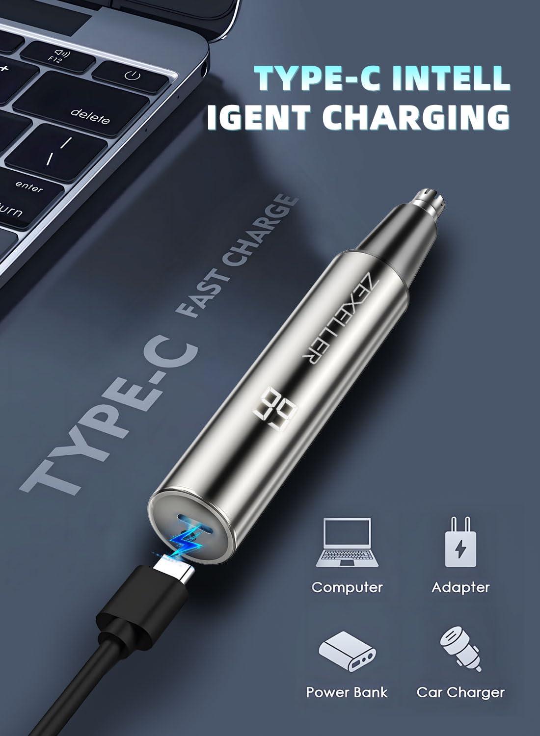 ZEXELLER ZEXELLER Ear and Nose Hair Trimmer with LED Display, Two Gear Adjustment Mode, Painless USB Rechargeable Nose Trimmer for Men Women, Professional IPX7 Waterproof Dual Edge Blades Nasal Trimmer