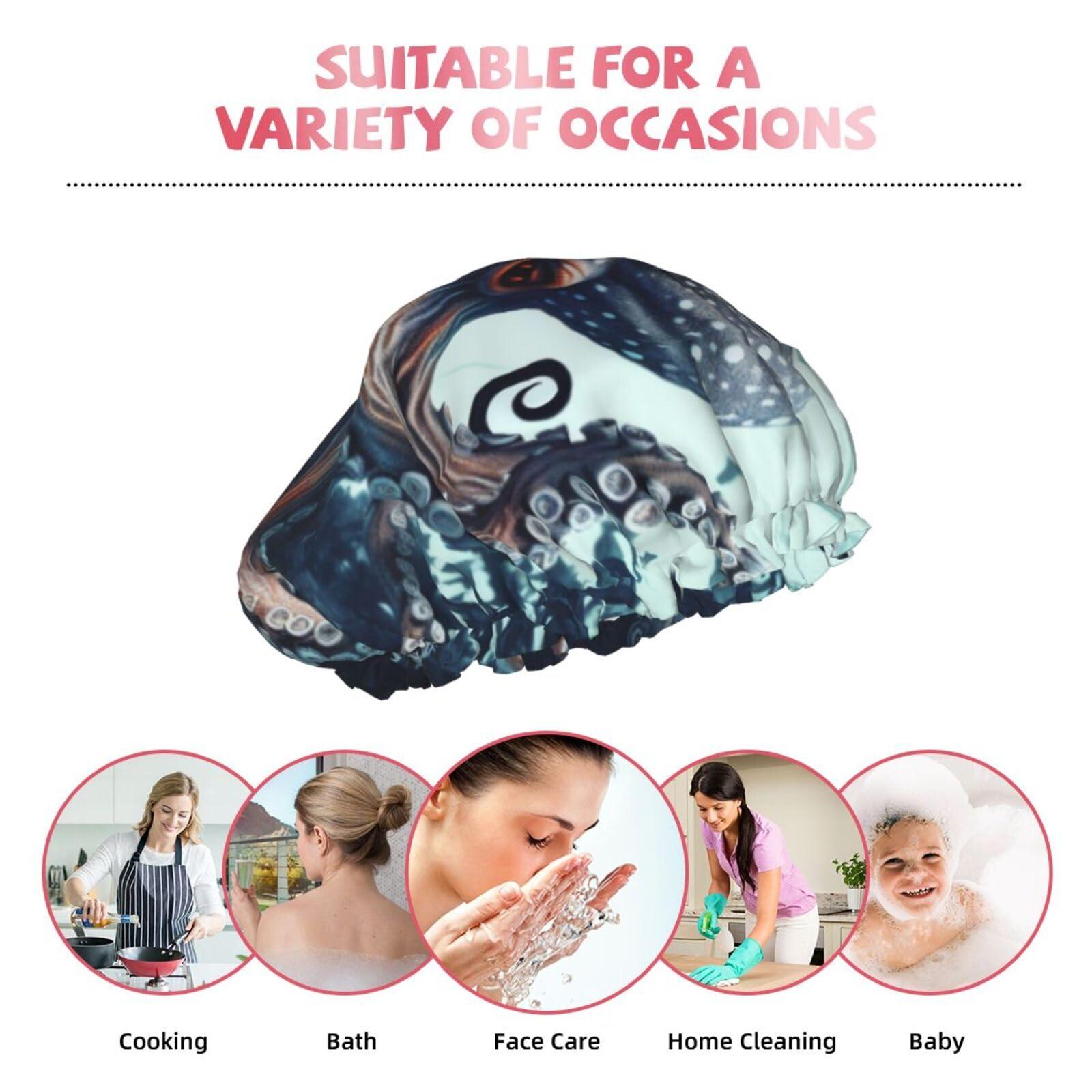WSOIHFEC Cool Octopus Printed Shower Cap for Women Waterproof Bath Caps Reusable Double Layered Shower Hat Bathing Shower Caps for Men Ladies Spa Salon