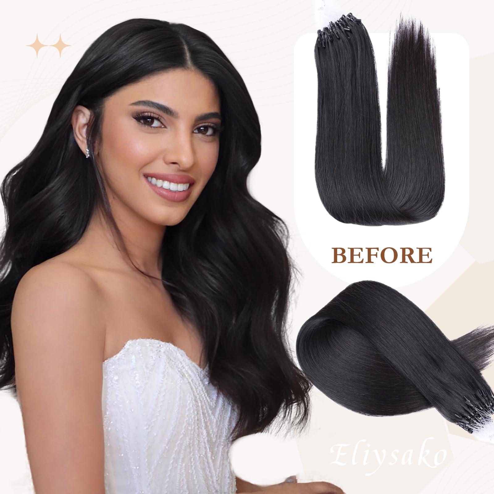Eliysako Microlink Hair Extensions Human Hair 50g 20inch(#1) Natural Black Micro Link Hair Extensions Human Hair Microbead Hair Extensions Microloop Hair Extensions Human Hair For Women